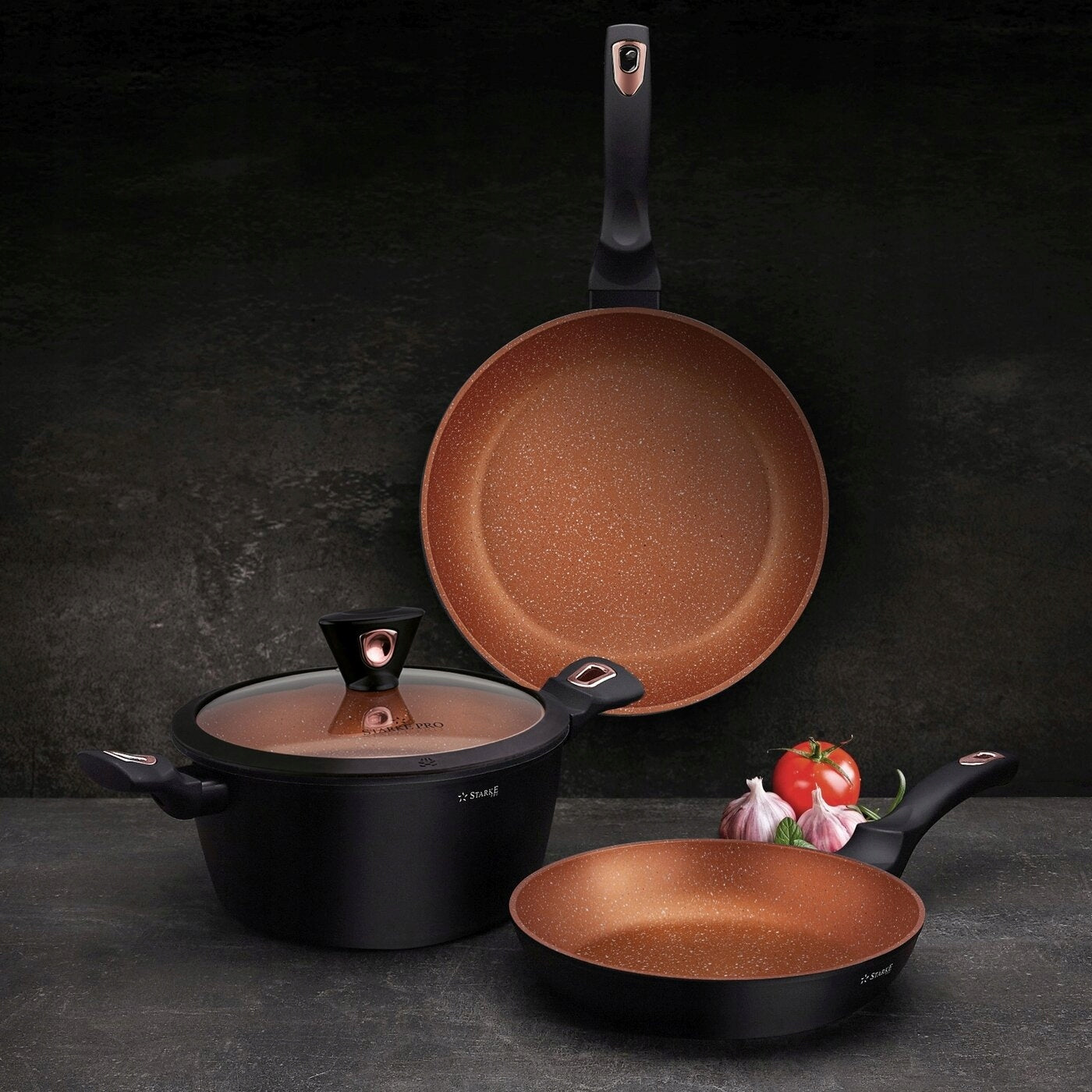 Set of Marble Pan Pots with LIDS Starke Pro Dark Copper 10el Packaging status original