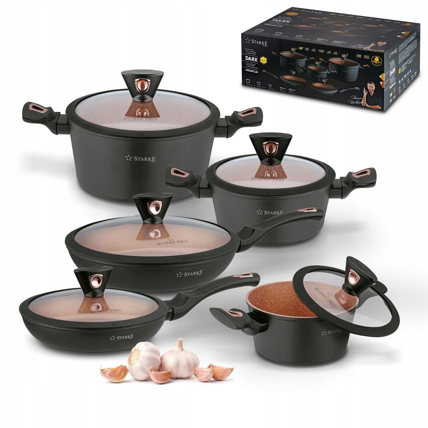 Set of Marble Pan Pots with LIDS Starke Pro Dark Copper 10el