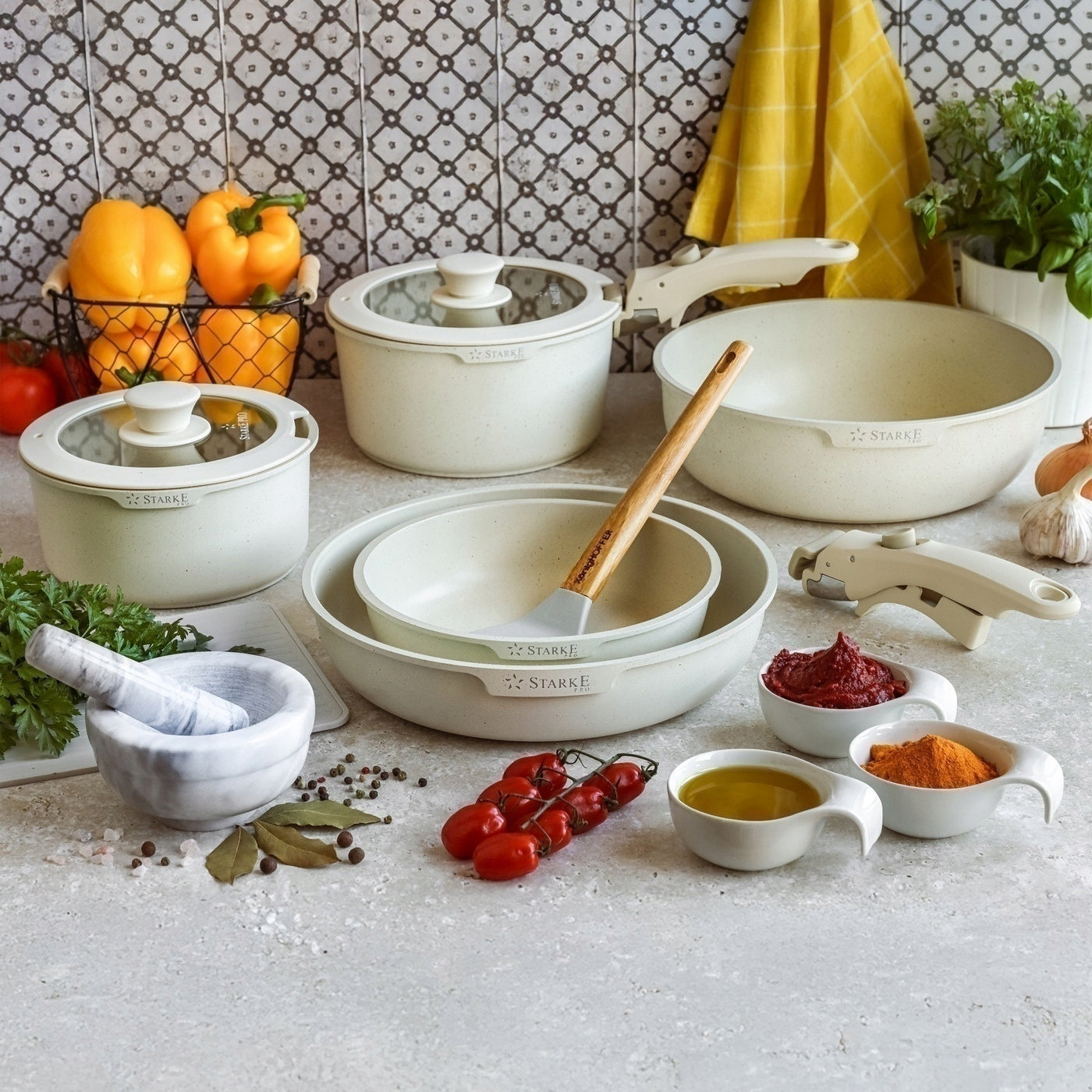 Set of PAN POTS REMOVABLE HANDLES Starke Pro Compacti Cream 9el Packaging status original