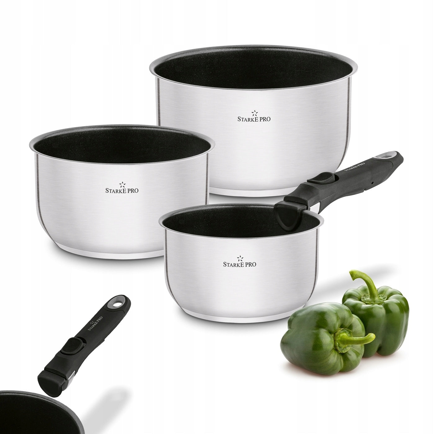 Set of POTS 3x Detachable HANDLE Set INDUCTION GAS Starke Pro Susvid