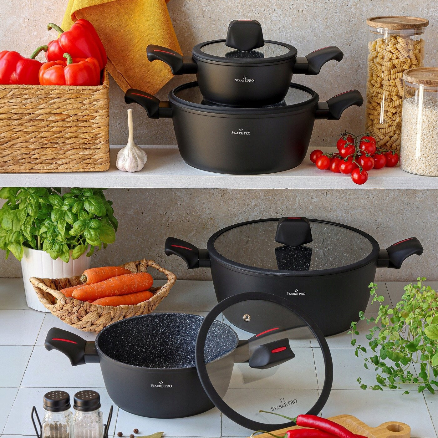 Set of POTS INDUCTION STRONG COATING Gas Starke Pro Piccante 16/20/24/28 Packaging status original