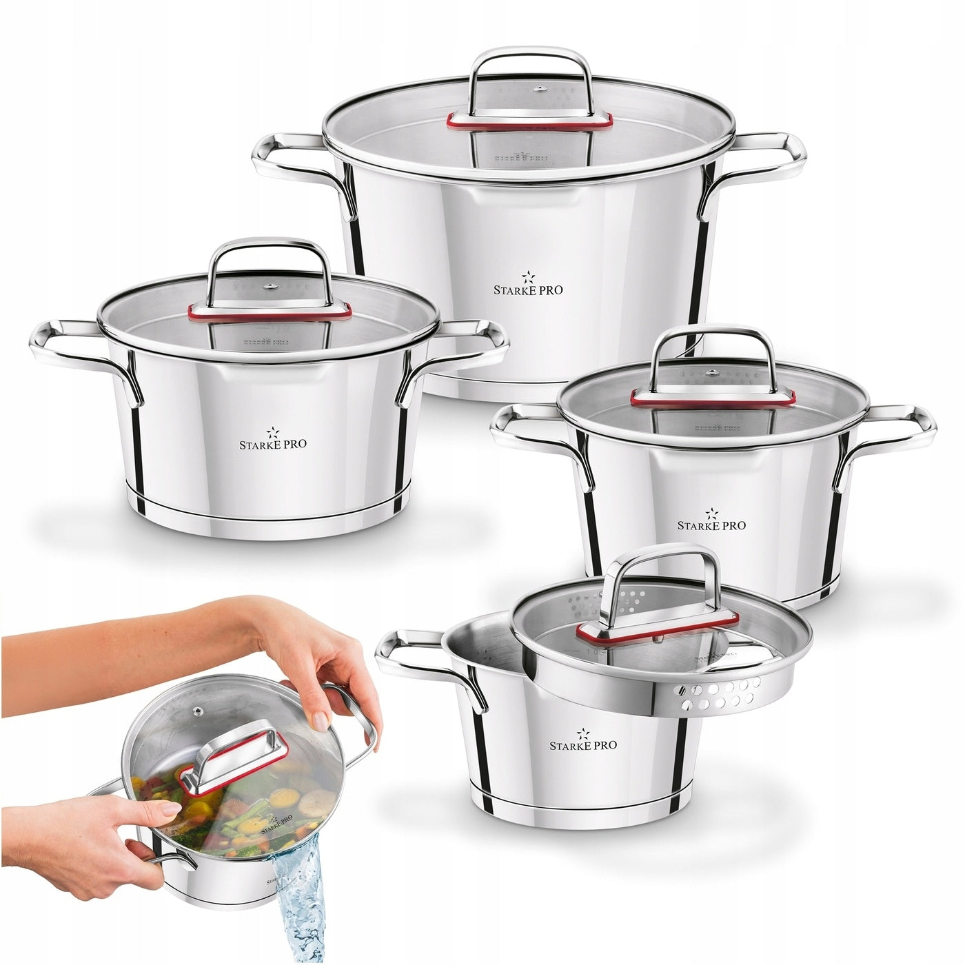 Set of STEEL INDUCTION POTS with Lid Starke Pro Speziale 16/18/20/24