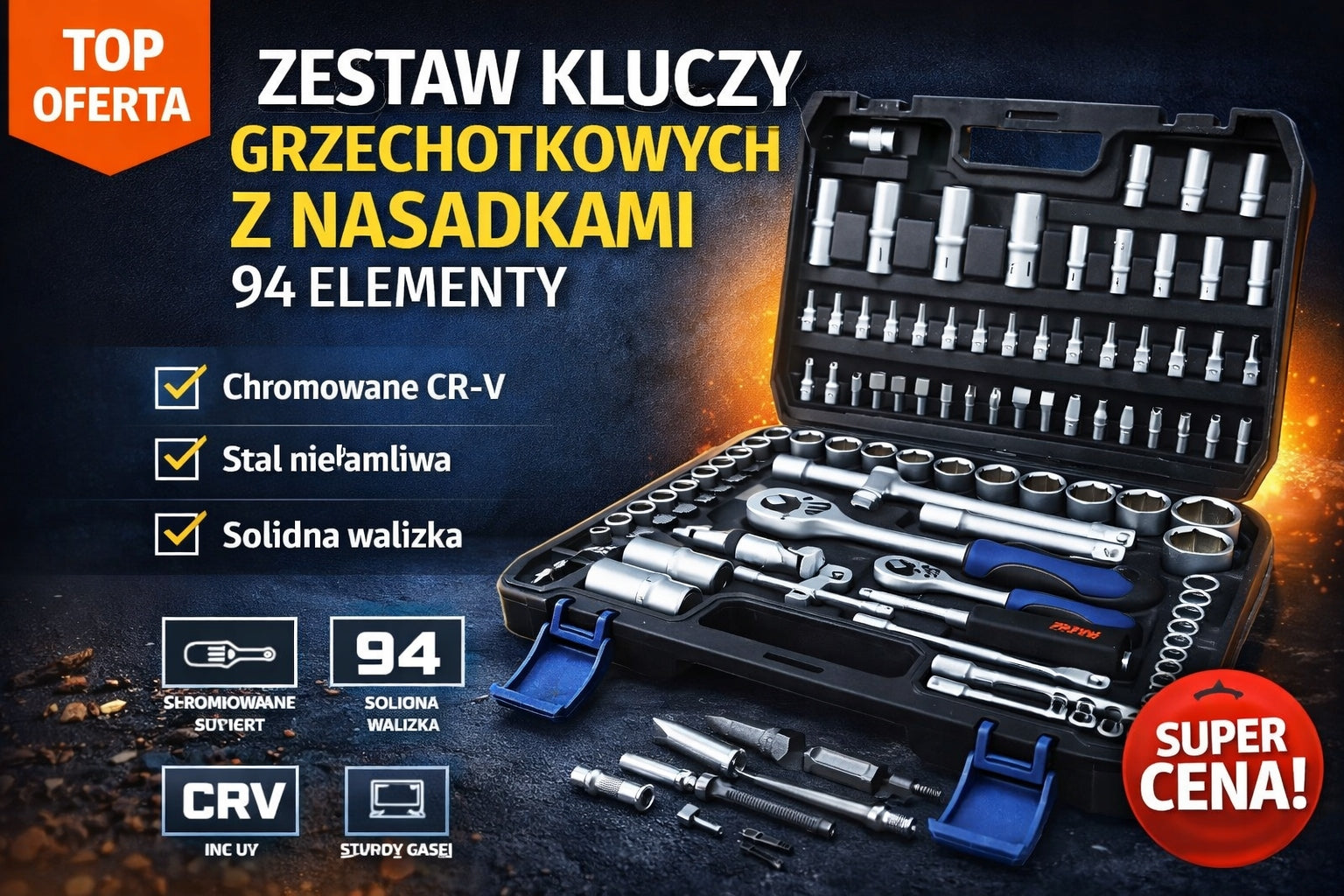 Set of Socket and Ratchet Wrenches 94 el. CR-V – Suitcase | Bits, Manufacturer code 5905118084568