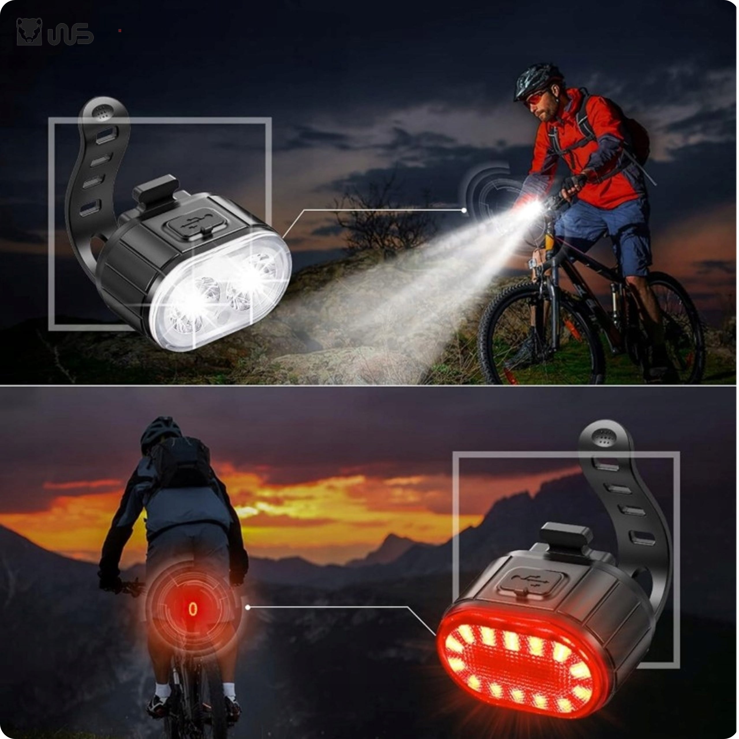 Set of USB LED Bike Lights for Front Rear Universal Strong Lamp Manufacturer code Zestaw Lampek Rowerowych WS Oświetlenie