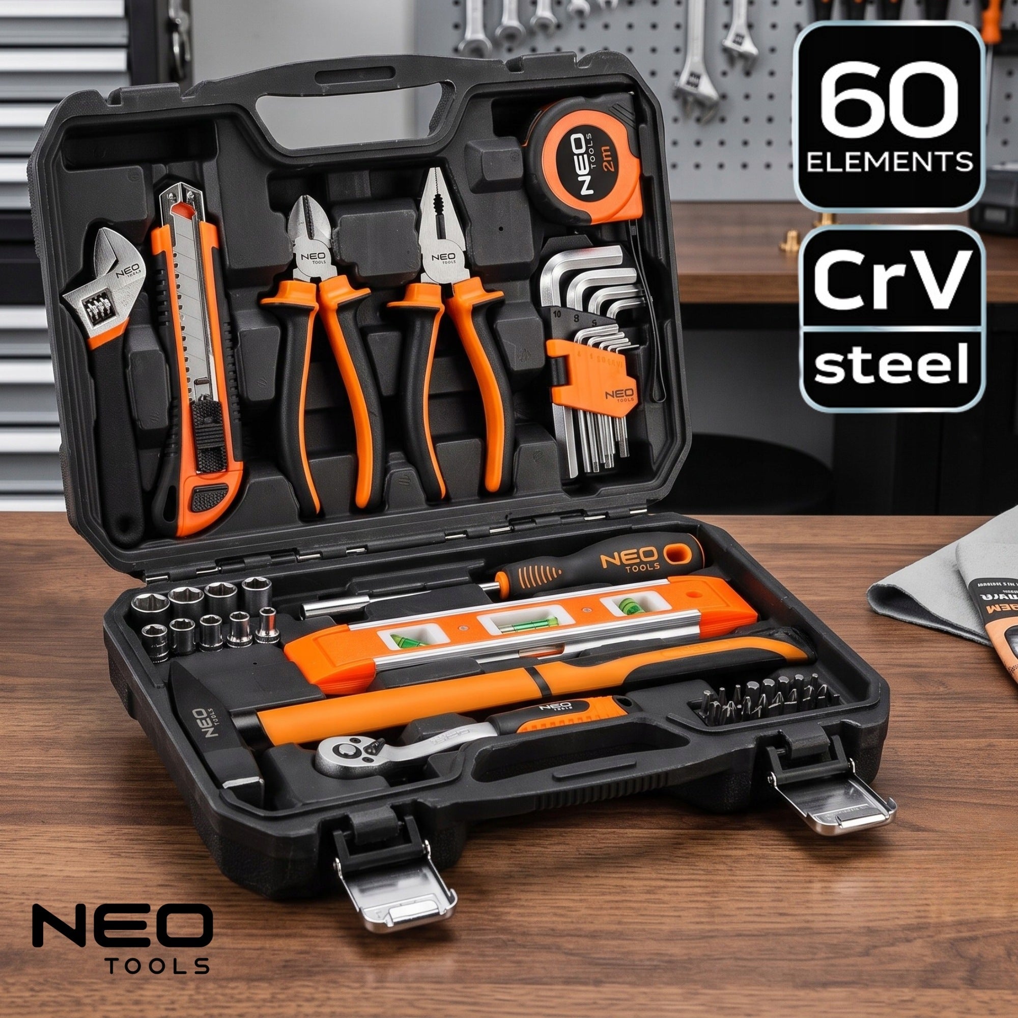 Set of Universal Tools 60 el. Socket Wrenches Bits Hammer Suitcase NEO Manufacturer code Zestaw Kluczy Nasadowych 10-200