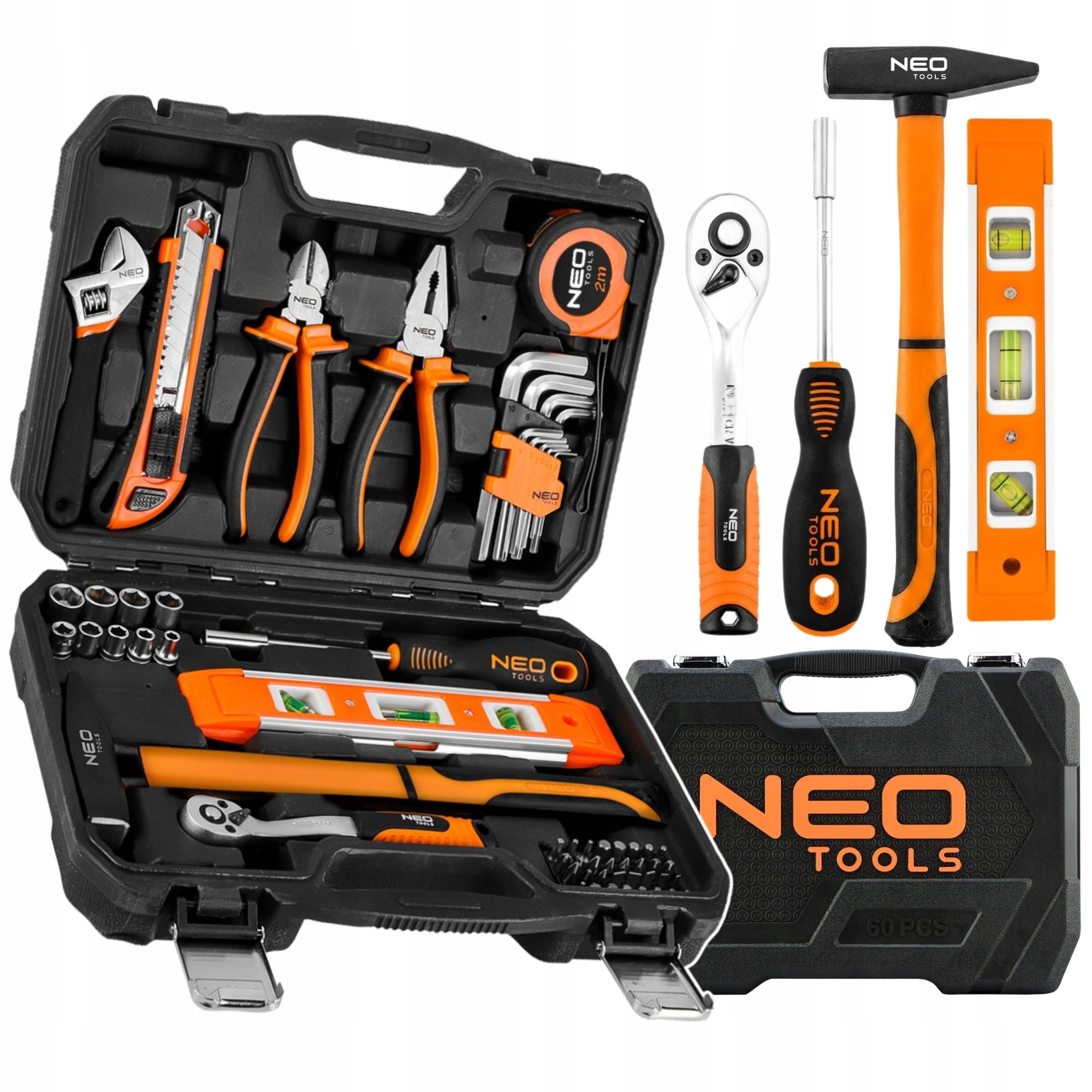 Set of Universal Tools 60 el. Socket Wrenches Bits Hammer Suitcase NEO