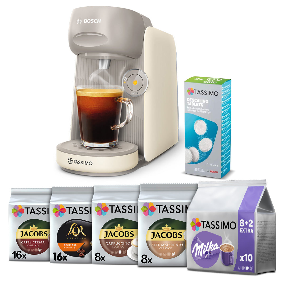 Set of capsule coffee maker Finesse cream and 56 coffees + descaler