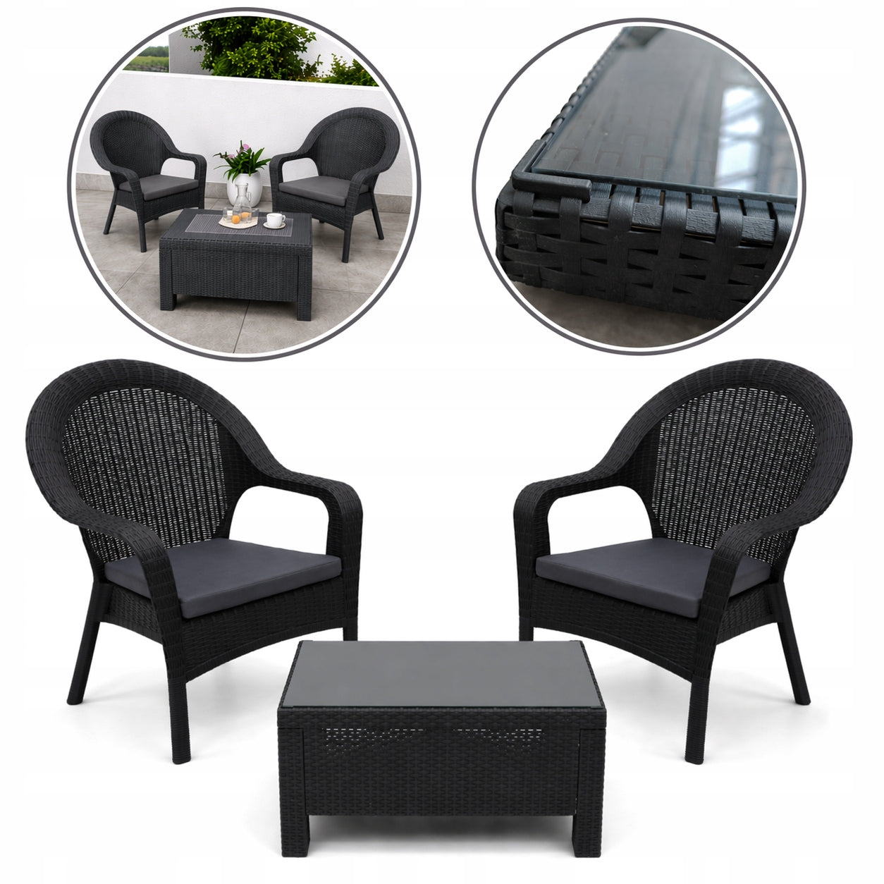Set of comfortable garden chairs Anthracite 2 Armchairs+coffee table AURA