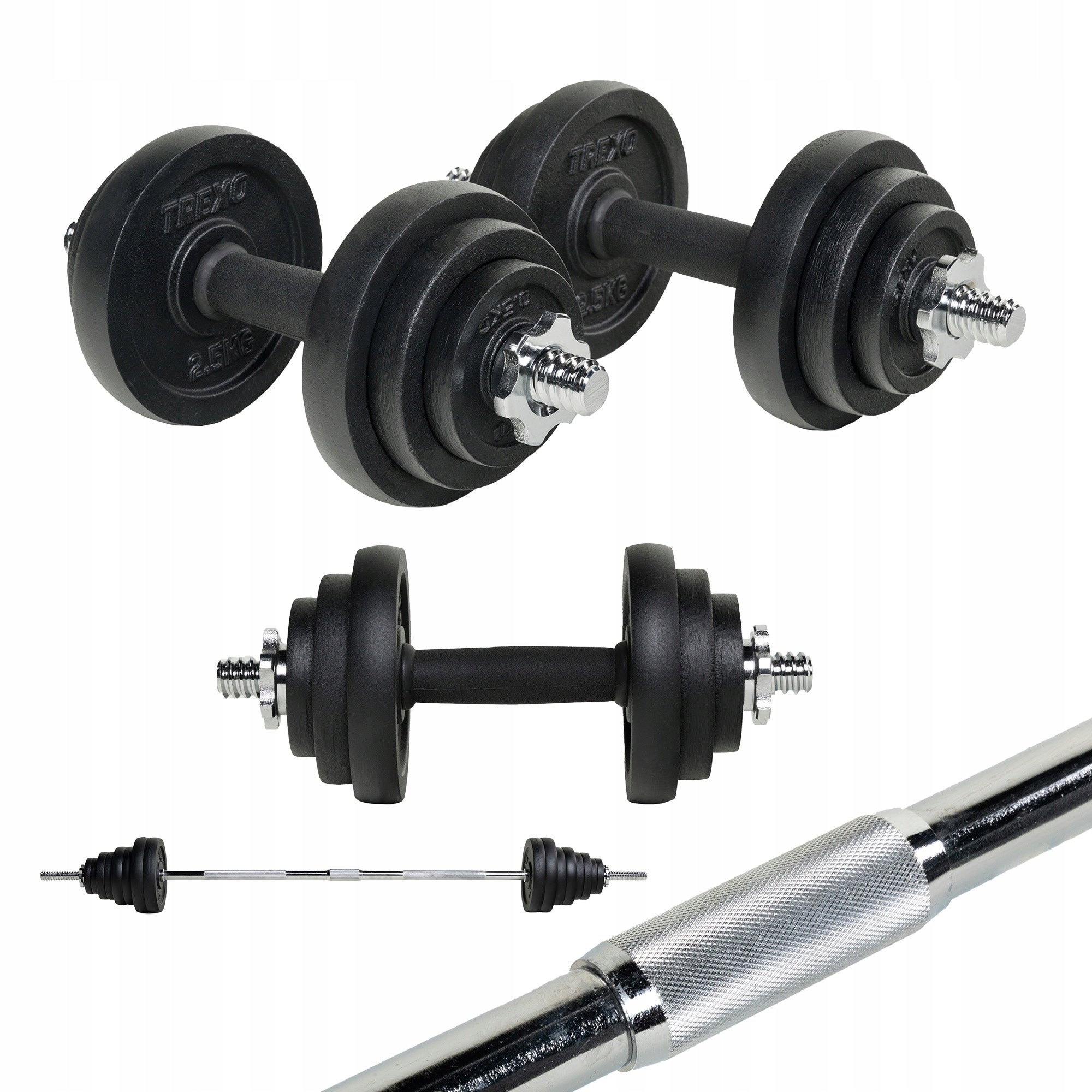 Set of dumbbells with barbell XTREXO CAST IRON 50kg DK50 with protective coating
