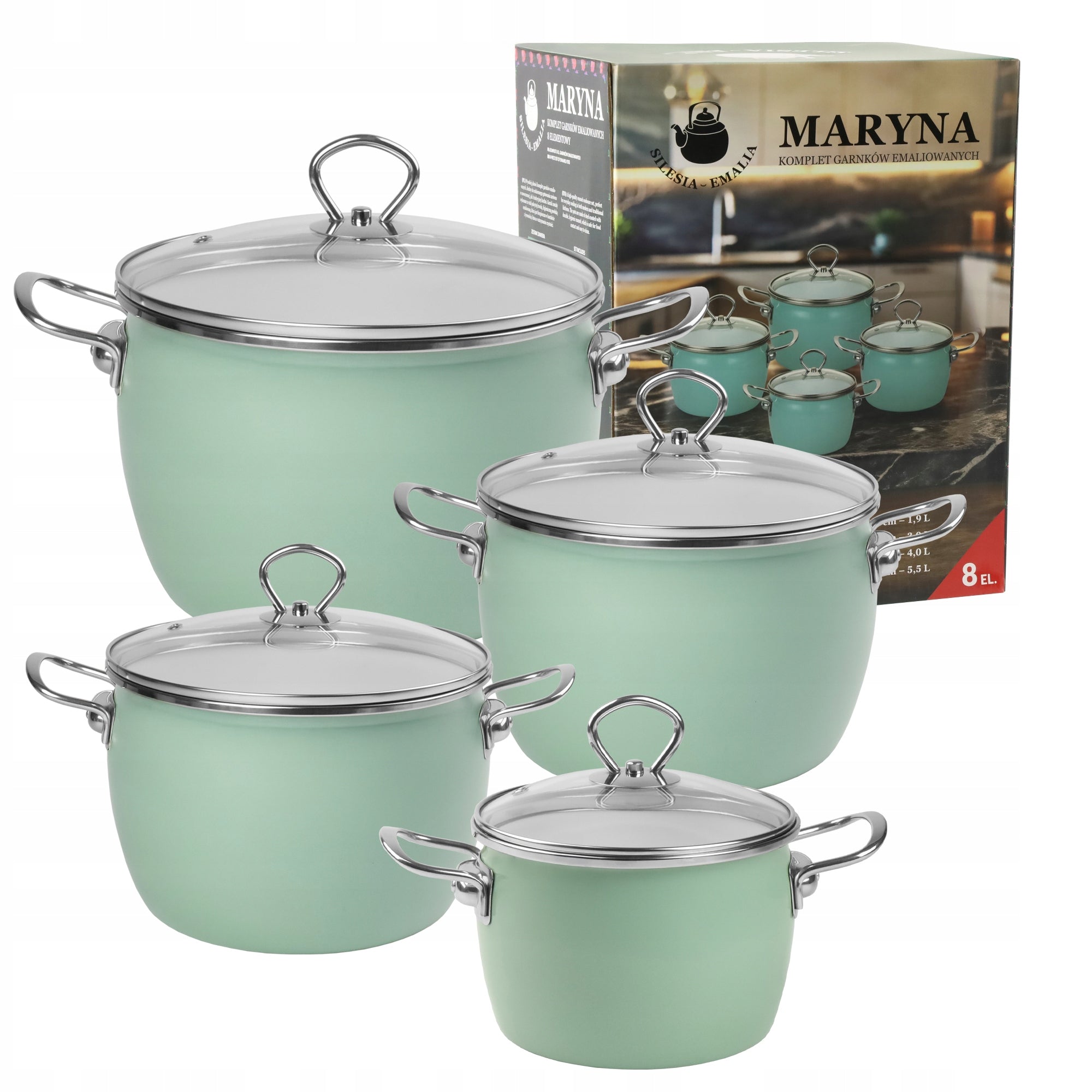 Set of enamel pots 2,3L 3L 4L 5L celadon INDUCTION GAS MARYNA