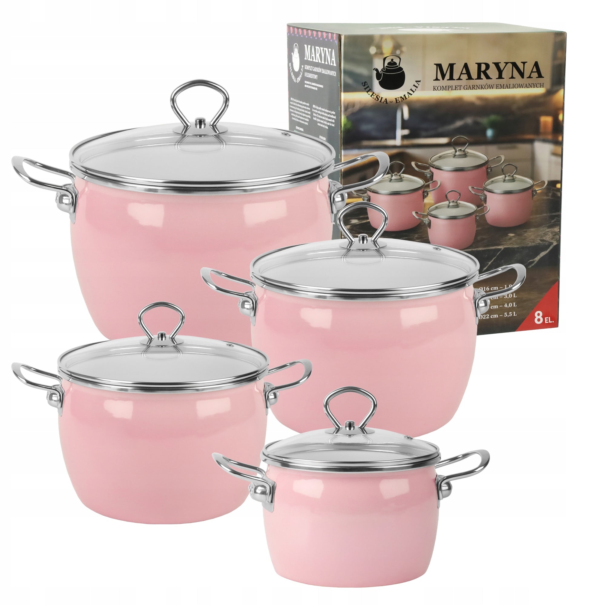 Set of enamel pots 2,3L 3L 4L 5L pink INDUCTION GAS MARYNA