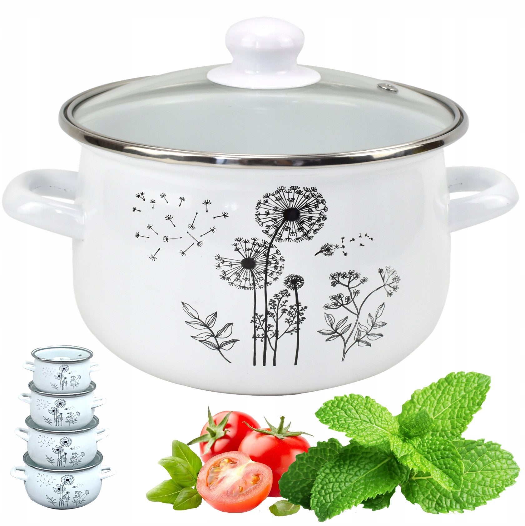 Set of enamel pots Koko decoration dandelion 8 el. Color multicolor