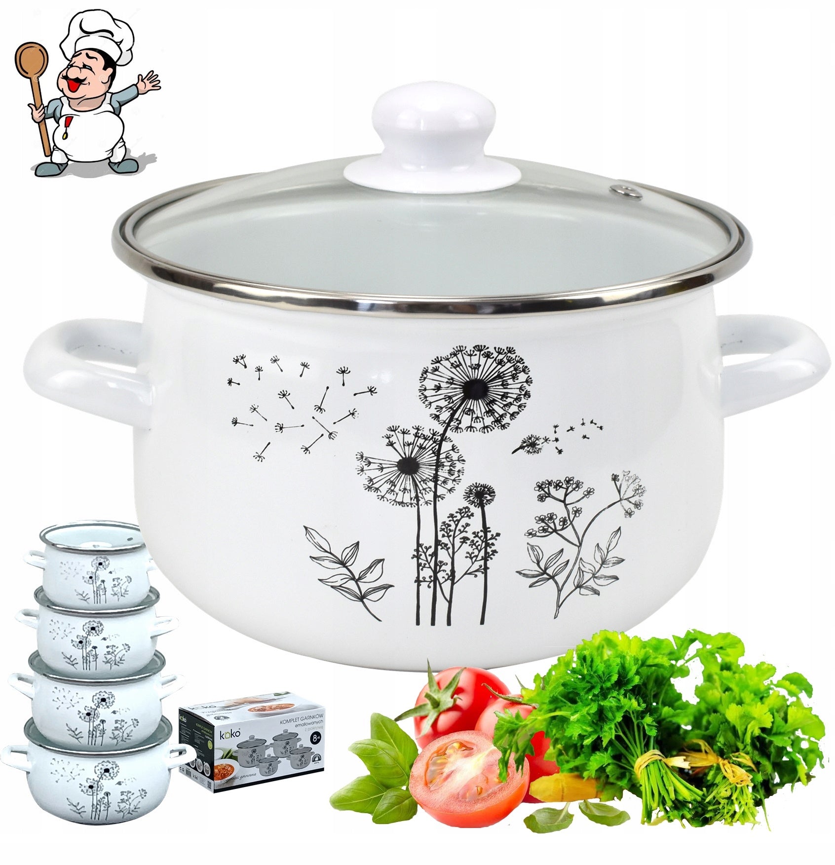 Set of enamel pots Koko decoration dandelion 8 el. Manufacturer code KO-9324