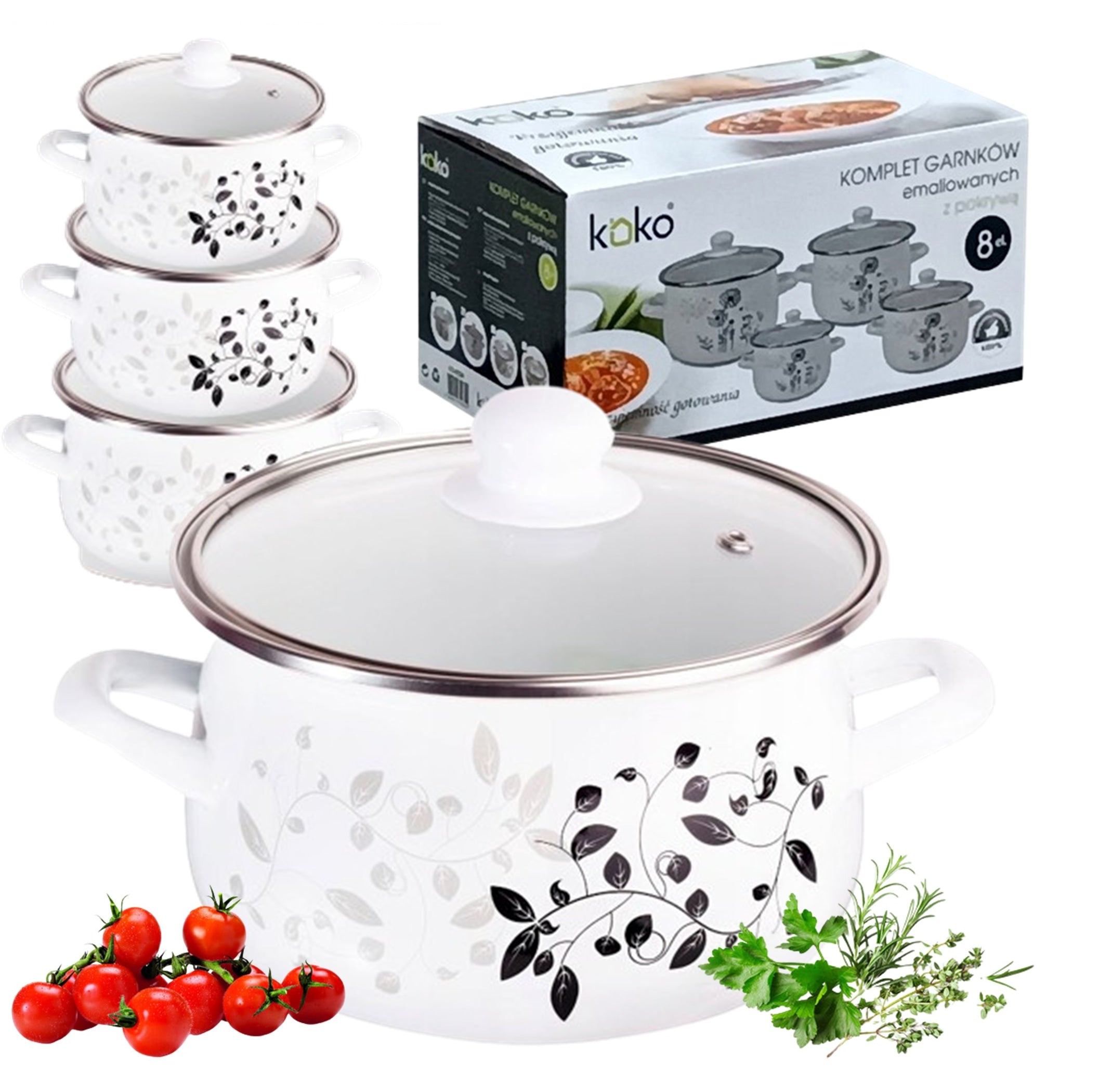 Set of enamel pots Lavender 8 elements. with lids – induction/gas Manufacturer code Koko