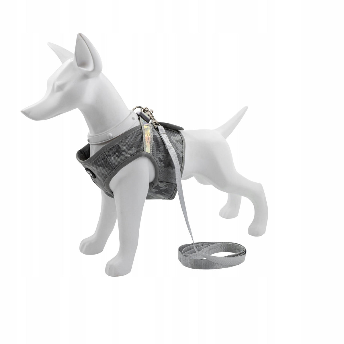 Set of harness+dog leash grey polyester size L reflective