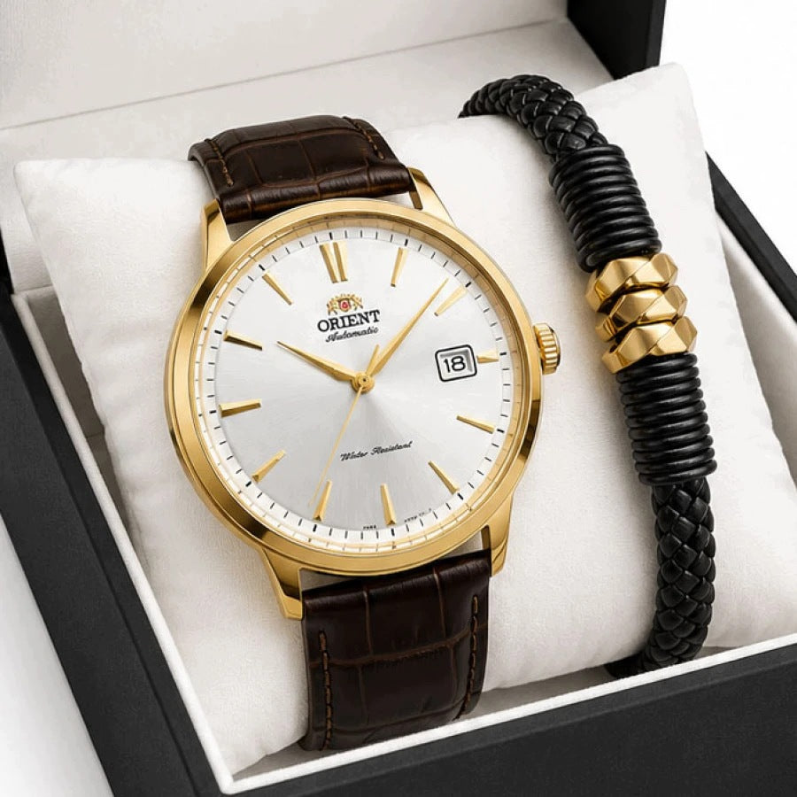Set of men's watch Orient AUTOMATIC leather DATE STAMP elegant + BOX