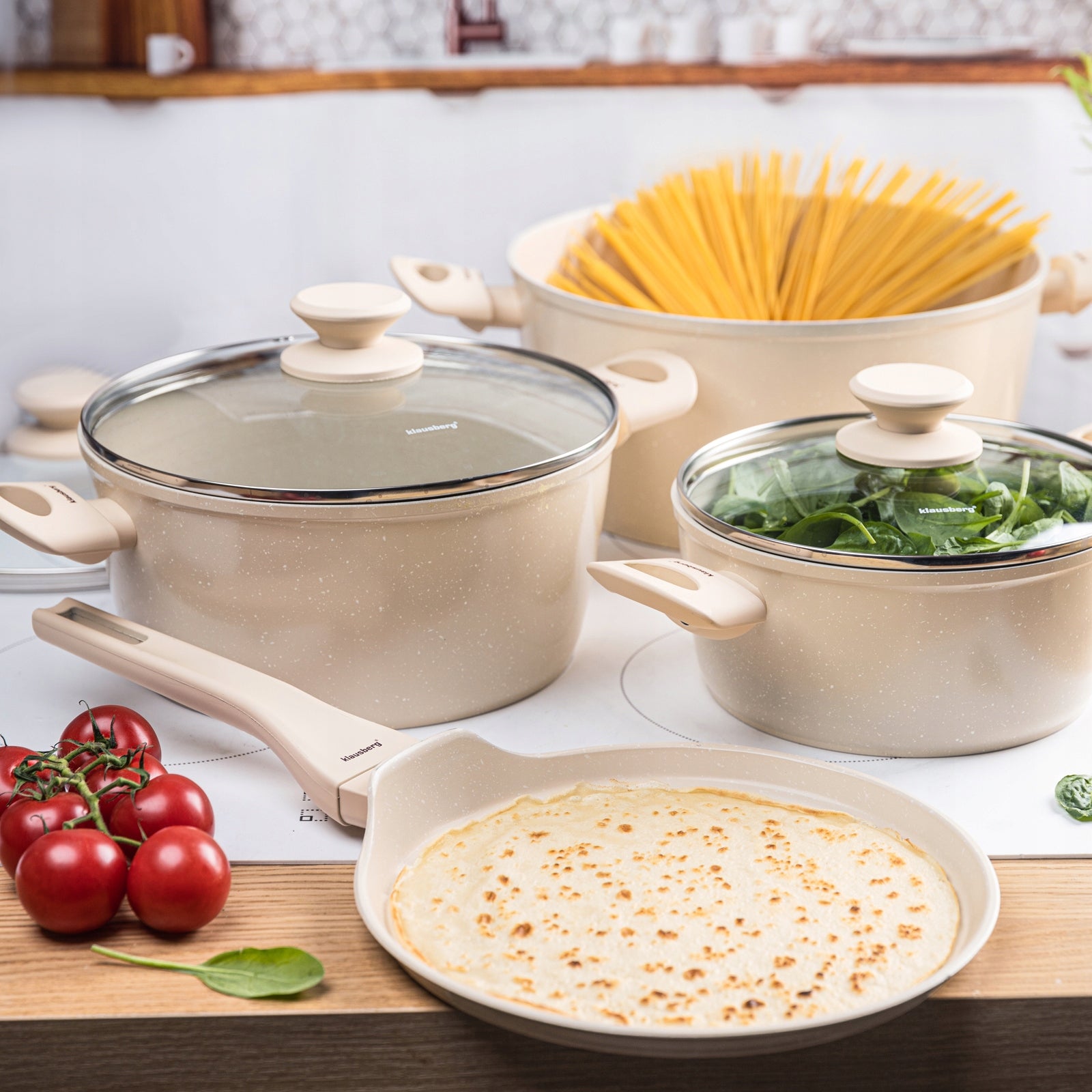 Set of pots 7el. + frying pan 24 cm, beige KLAUSBERG KB-7963 Induction Gas Packaging status original