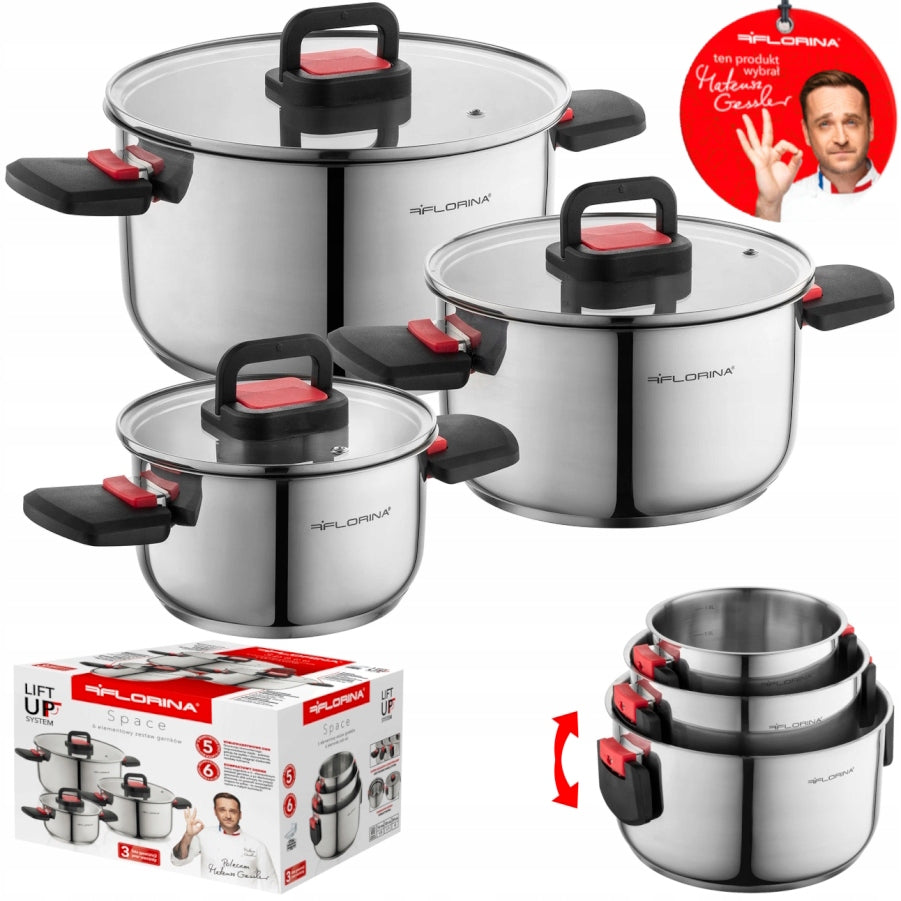 Set of pots FLORINA Space 6 part Inox Folding Handles by Mateusz Gessler