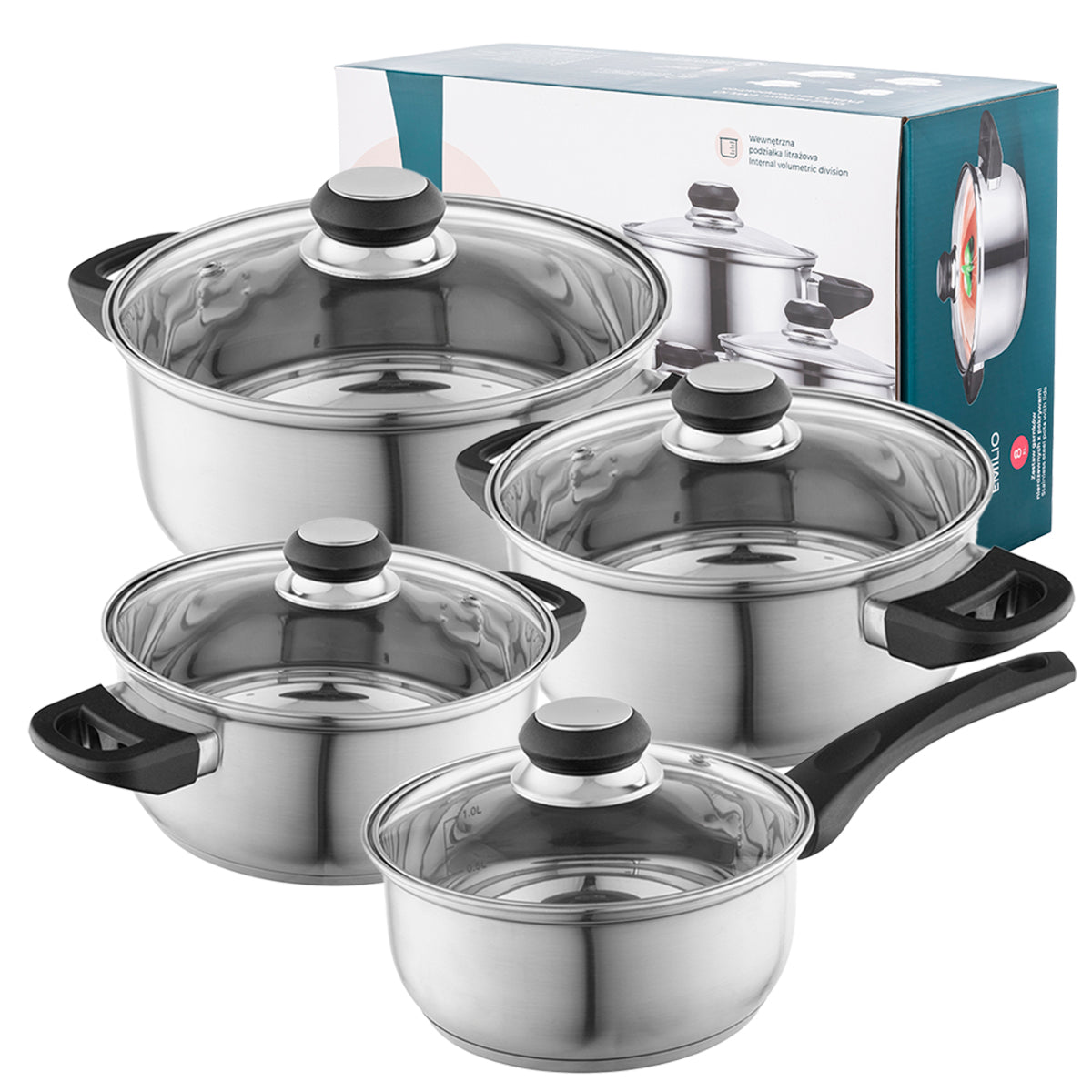 Set of stainless steel pots and lids Altom Design Emilio 8 el