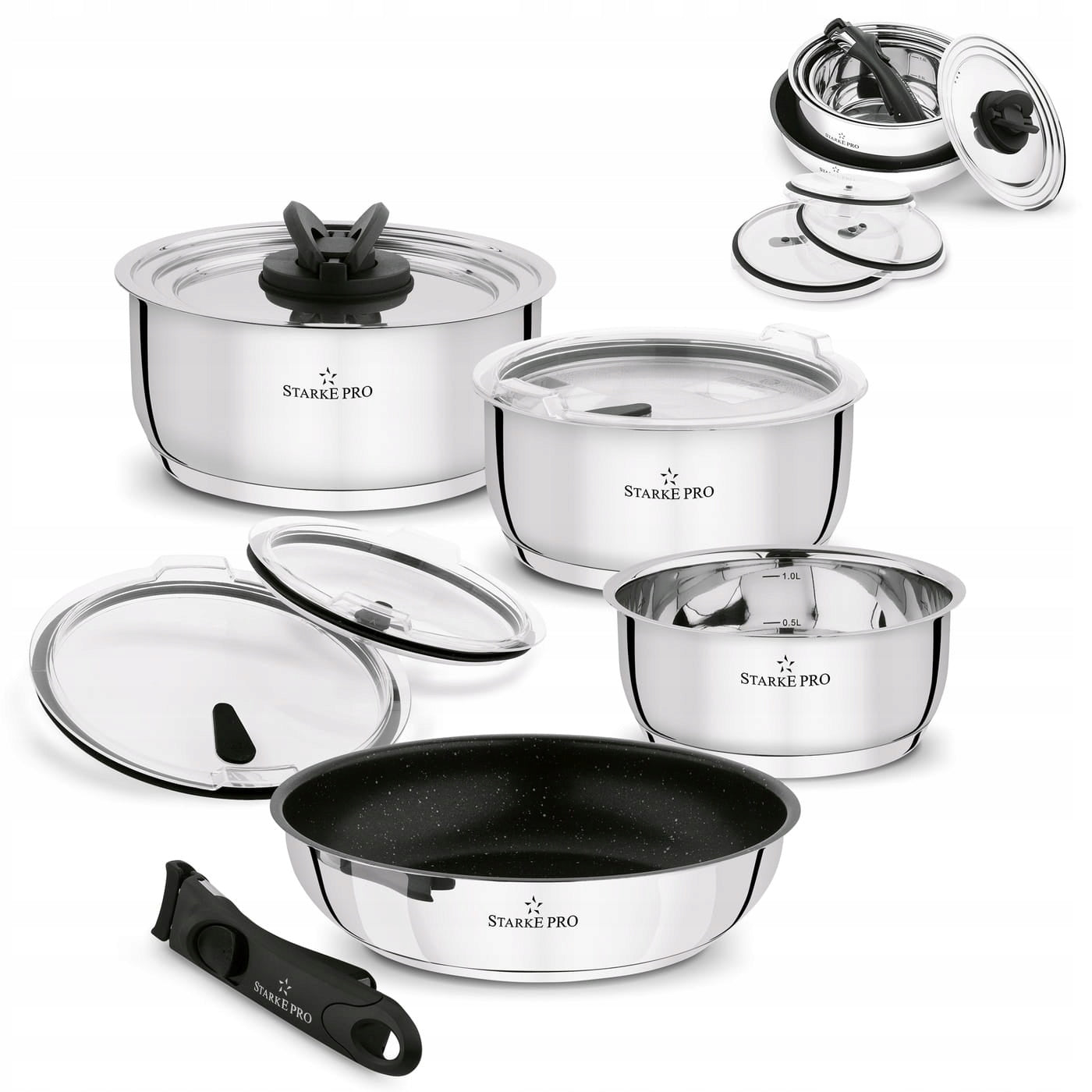 Set of steel pots and pans with detachable handle