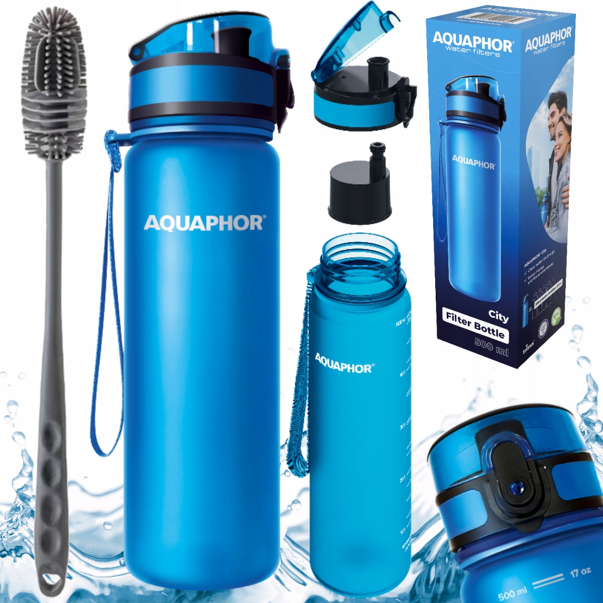 Set of toothbrush + water bottle filter bottle Aquaphor City 0,5l blue