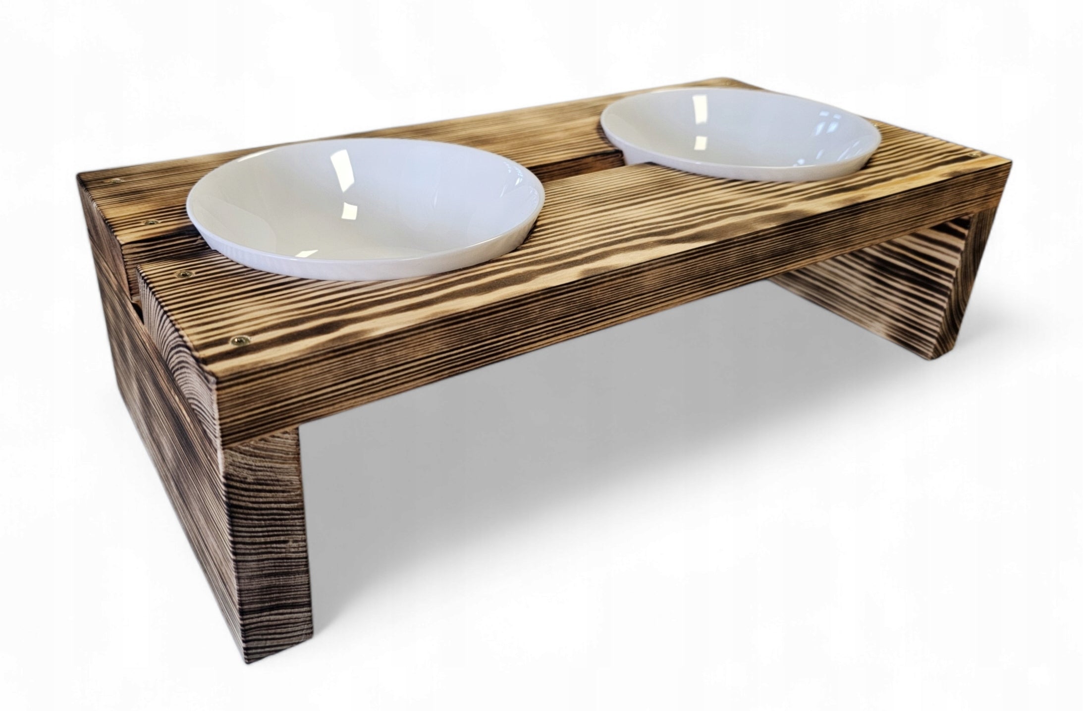Set of two 1600 ml dog bowls on wooden stand glass bowls