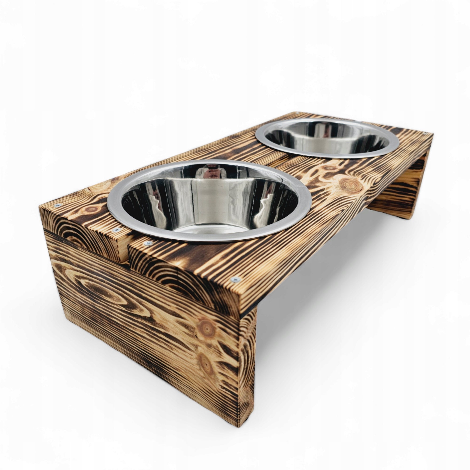 Set of two 1800 ml dog bowls on wooden stand