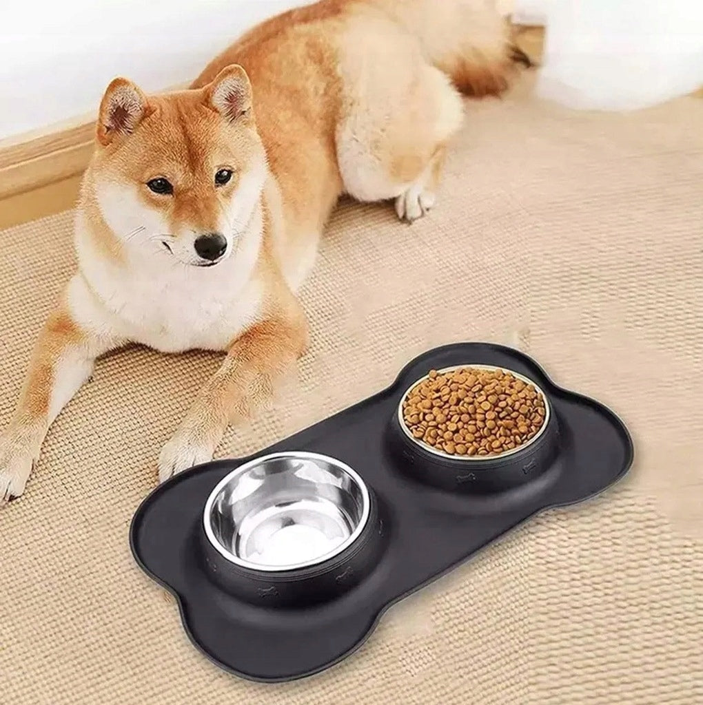Set of two 2x400ml metal bowls, stable silicone cat dog mat Brand no brand