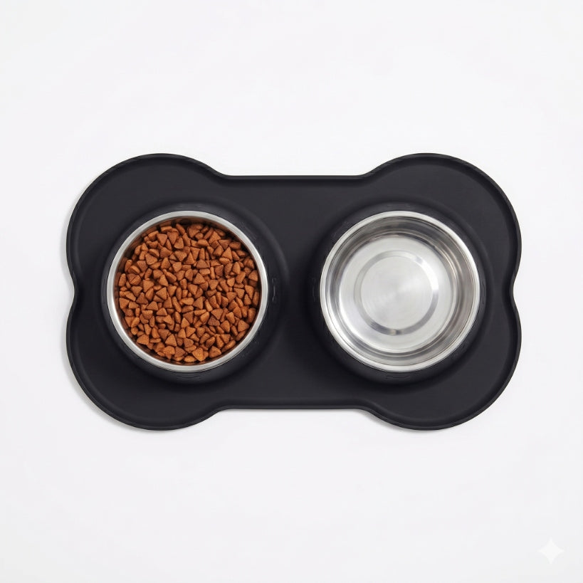 Set of two 2x400ml metal bowls, stable silicone cat dog mat Manufacturer code A06B