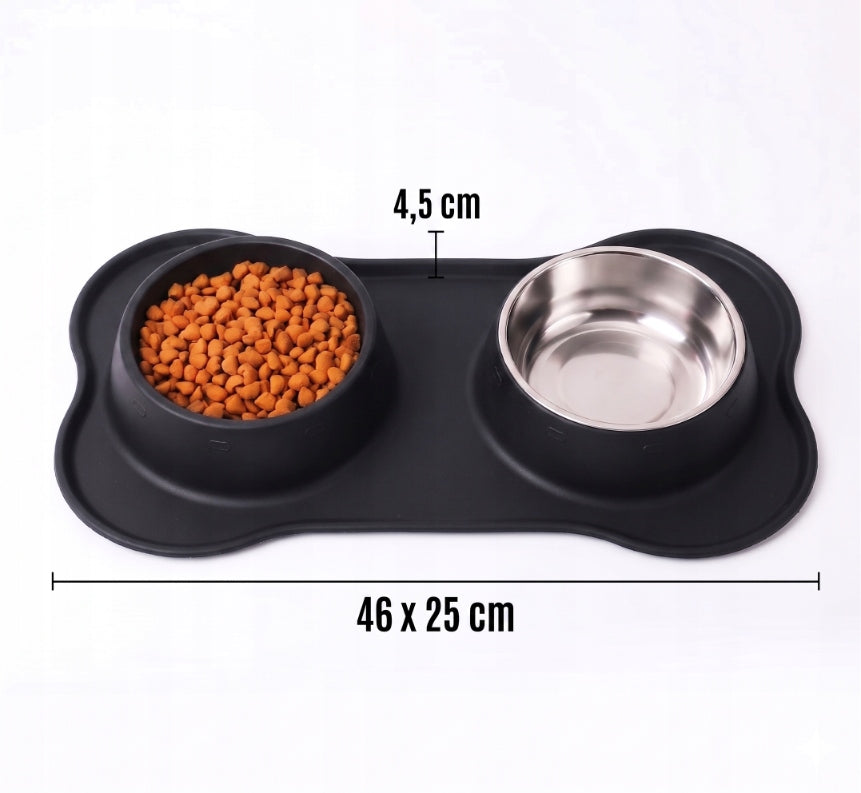 Set of two 2x400ml metal bowls, stable silicone cat dog mat Material silicone pad