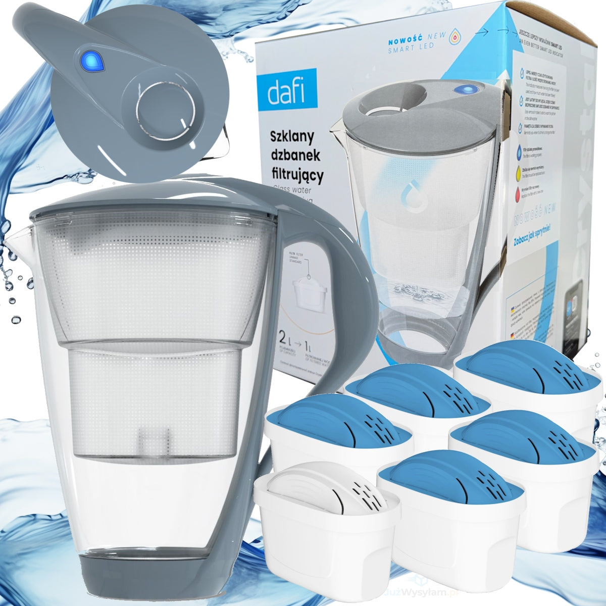 Set of water filter jug DAFI CRYSTAL LED GREY +5 filters UNIMAX MG
