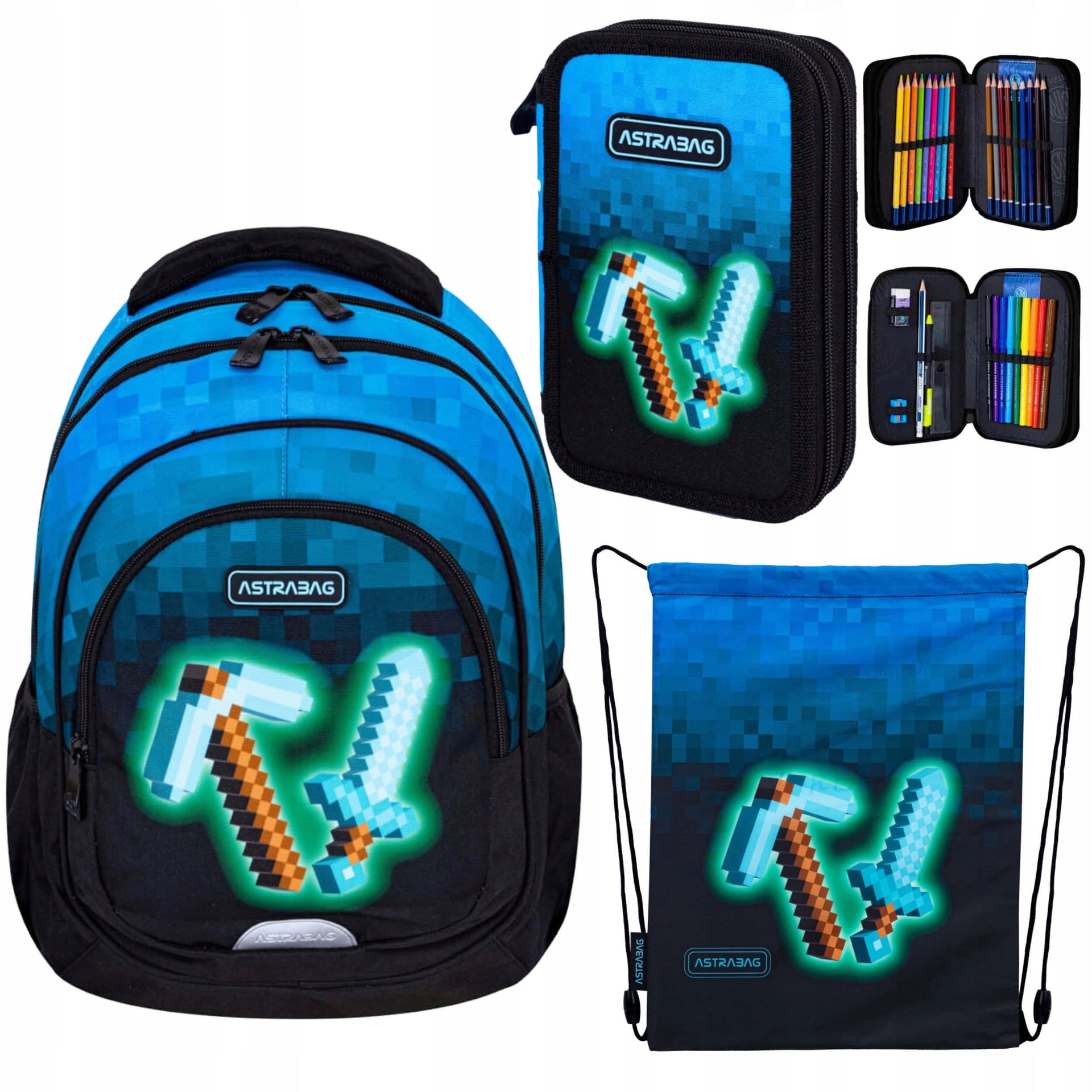 Set school starter kit backpack 20l pencil case bag Minecraft Blue Pixel ASTRA Packaging status original