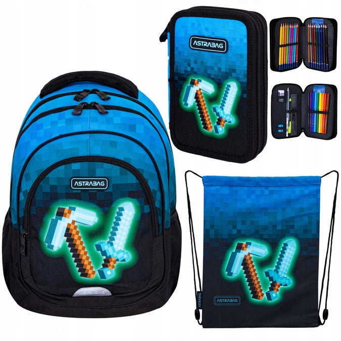 Set school starter kit backpack 20l pencil case bag Minecraft Blue Pixel ASTRA