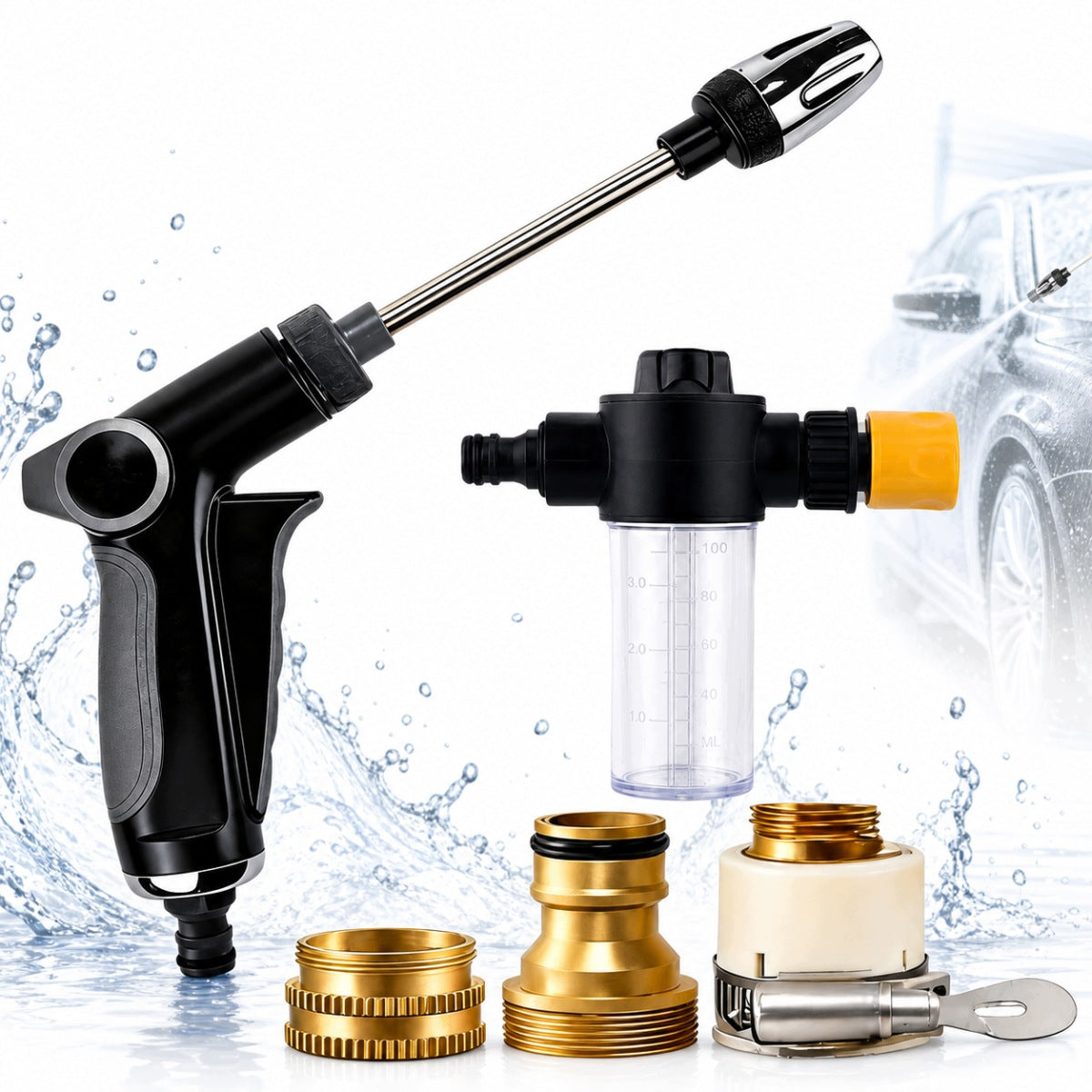 Set with adjustable high pressure car wash gun