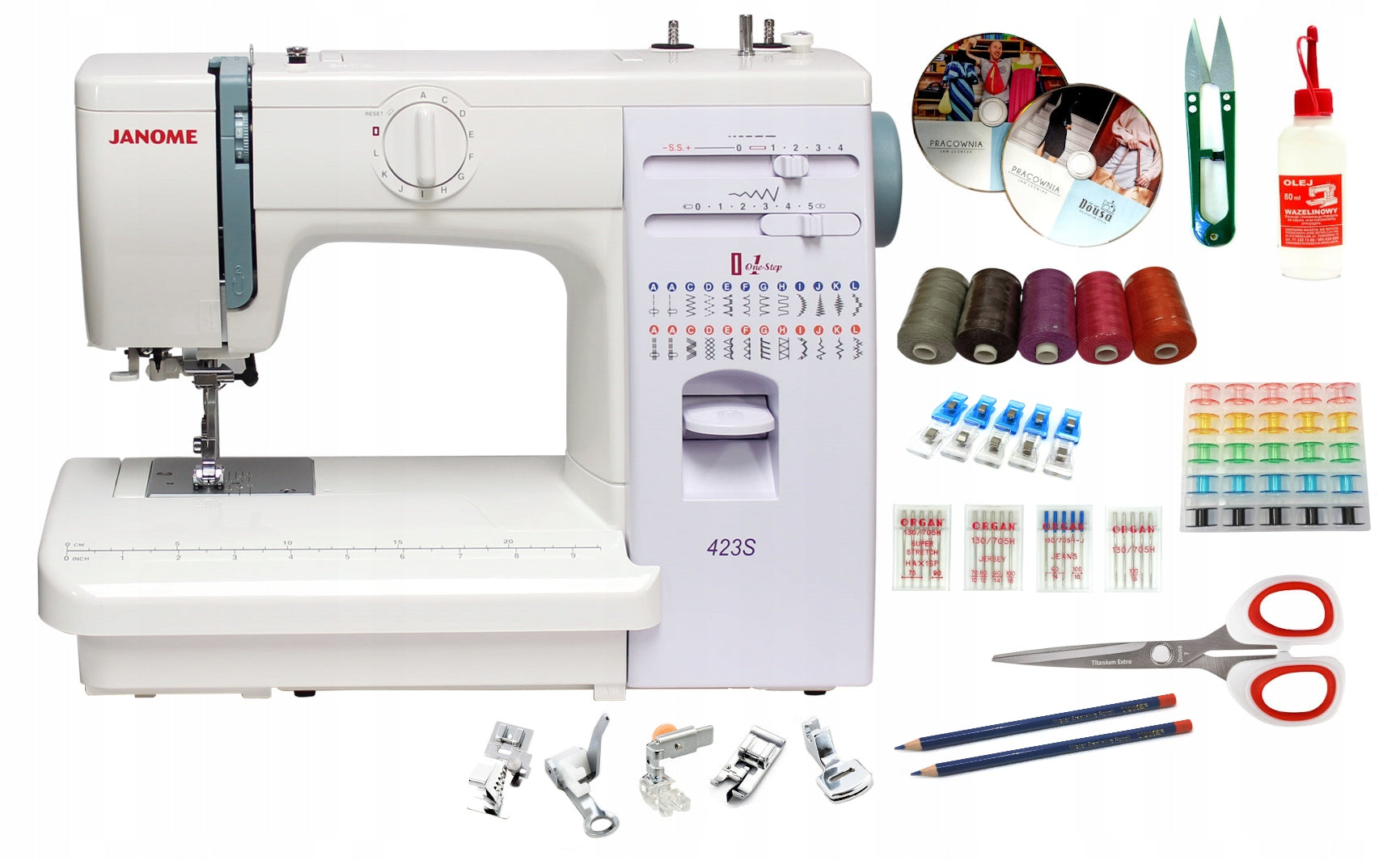 Sewing machine Janome 423S + freebies needle foot thread scissors