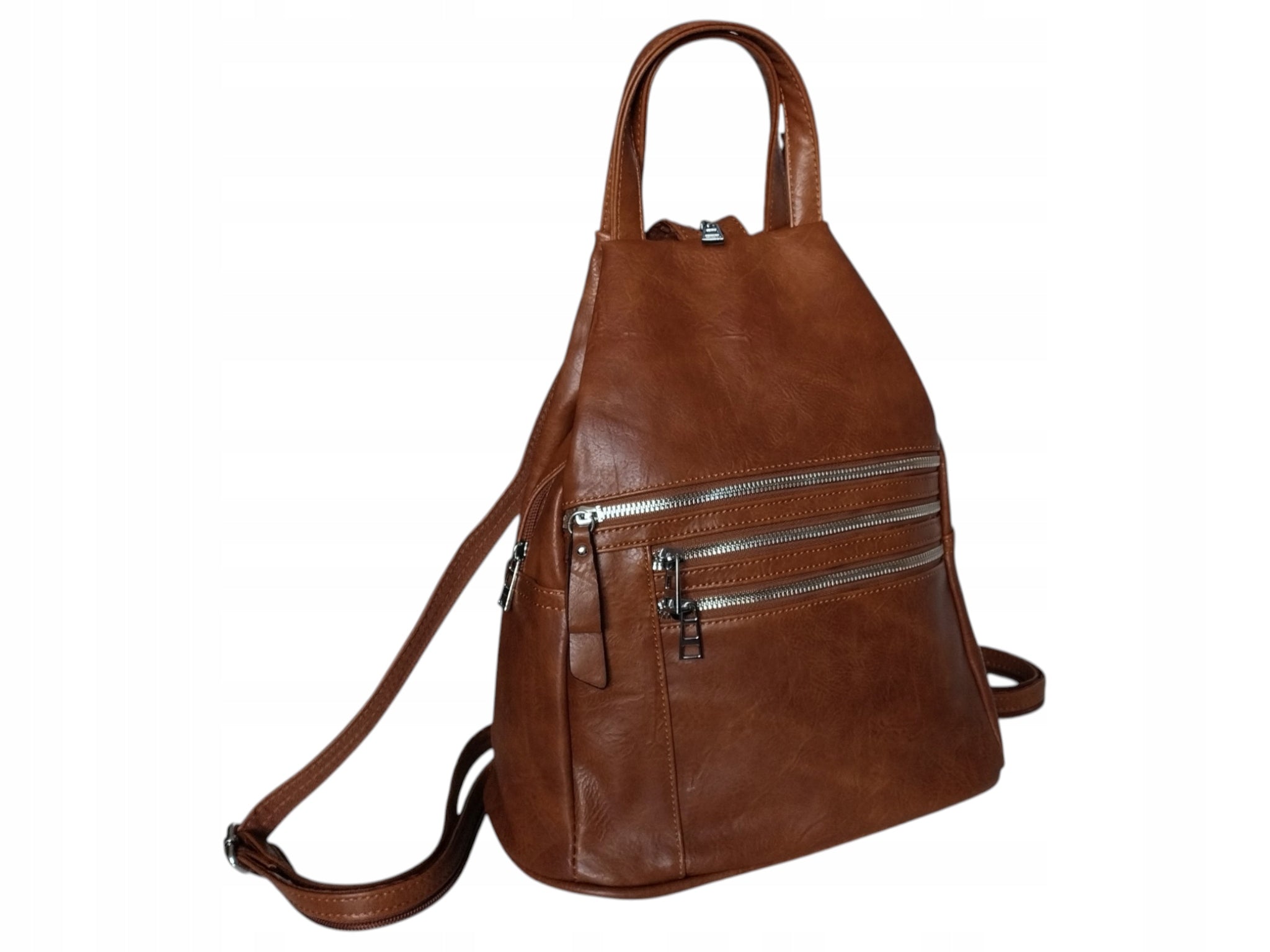 Shoulder Backpack, Urban Women's Bag, Eco Leather, 7 Pockets, Brown