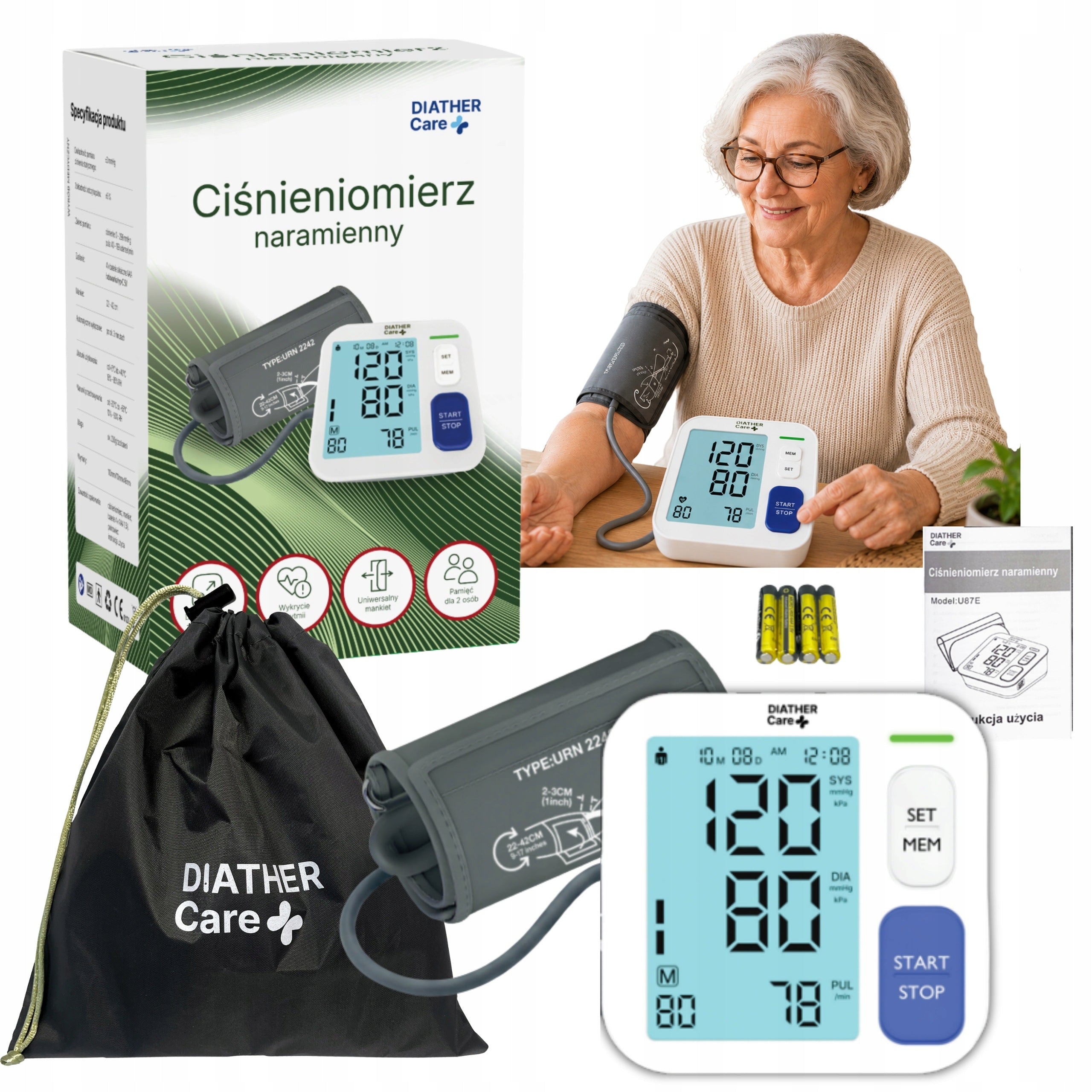 Shoulder Blood Pressure Monitor Diather Care Arrhythmia Cuff 22-42 cm Case