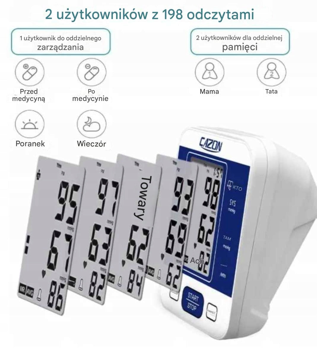 Shoulder Blood Pressure Monitor White Memory Battery Memory CAZON Manufacturer code Ciśnieniomierz naramienny z pamięcią
