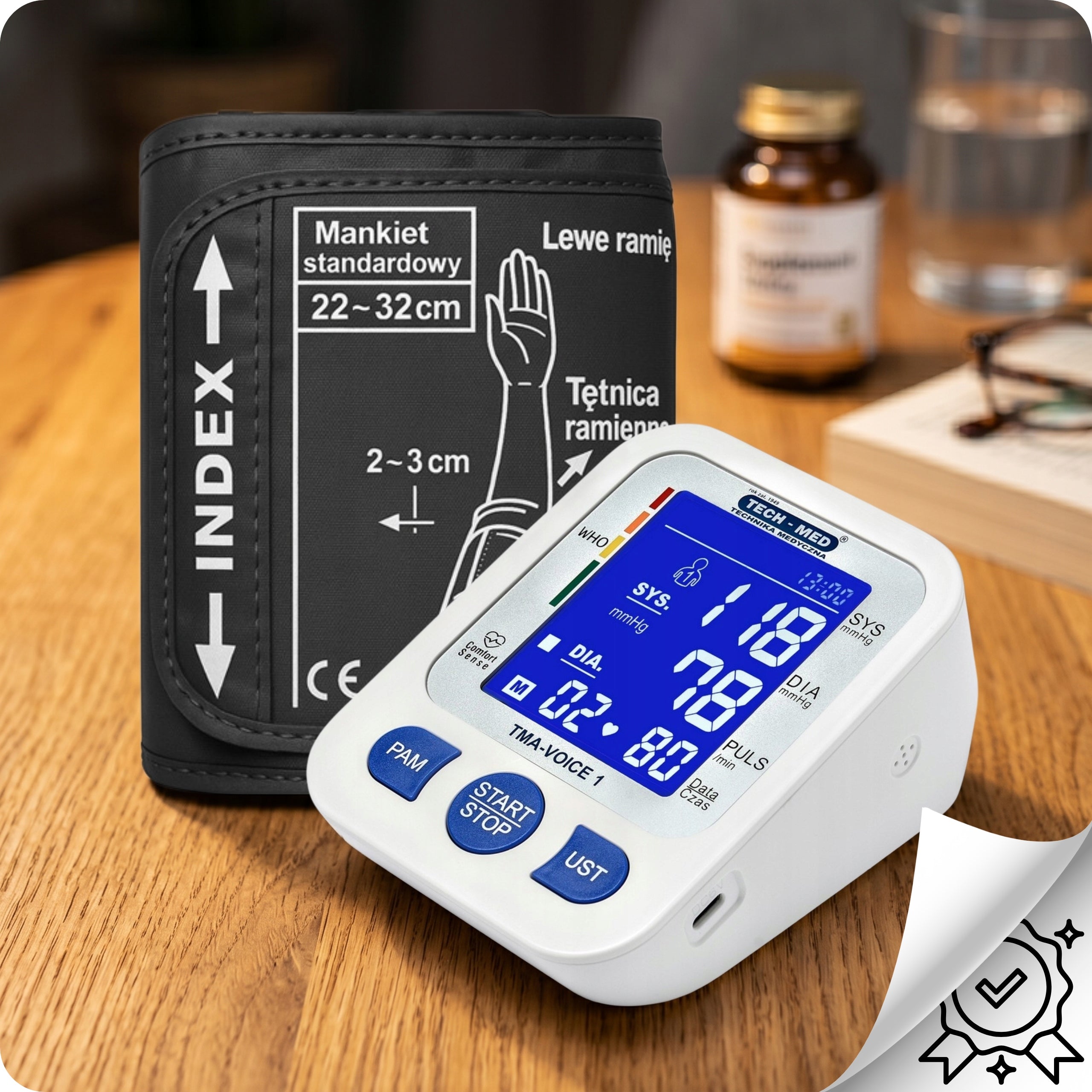 Shoulder Blood Pressure Monitor With Power Supply SPEAKS in Polish ARRHYTHMIA TECH-MED Case Packaging status original