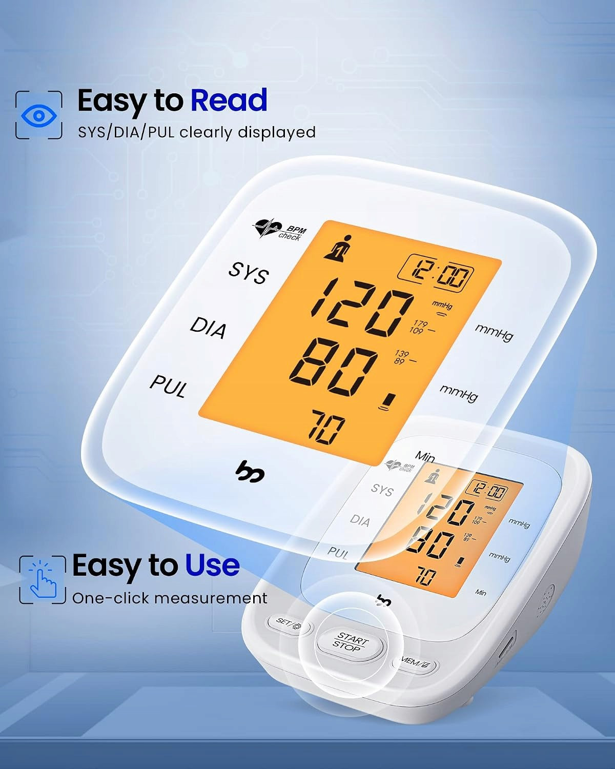 Shoulder cuff blood pressure monitor (22-42 cm), LCD, heart rate detector Medical device no