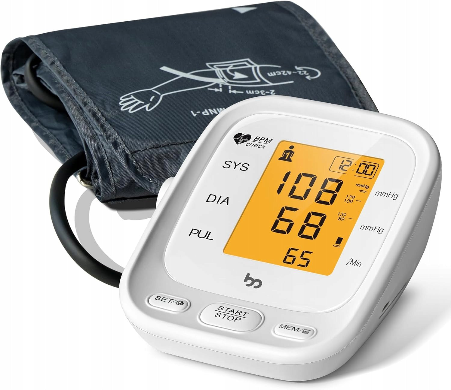 Shoulder cuff blood pressure monitor (22-42 cm), LCD, heart rate detector