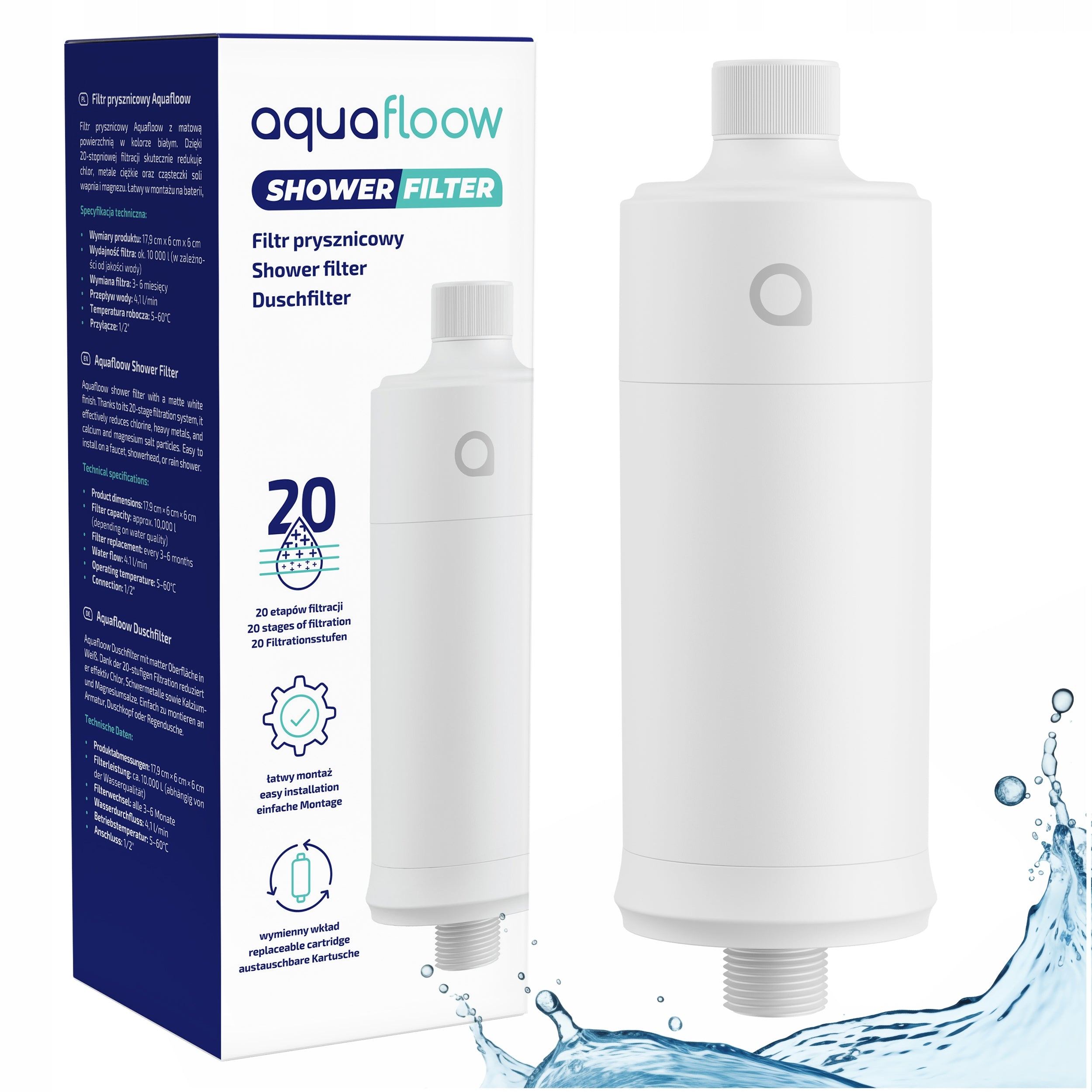 Shower filter AquaFloow white shower cartridge hard water 1 pc.