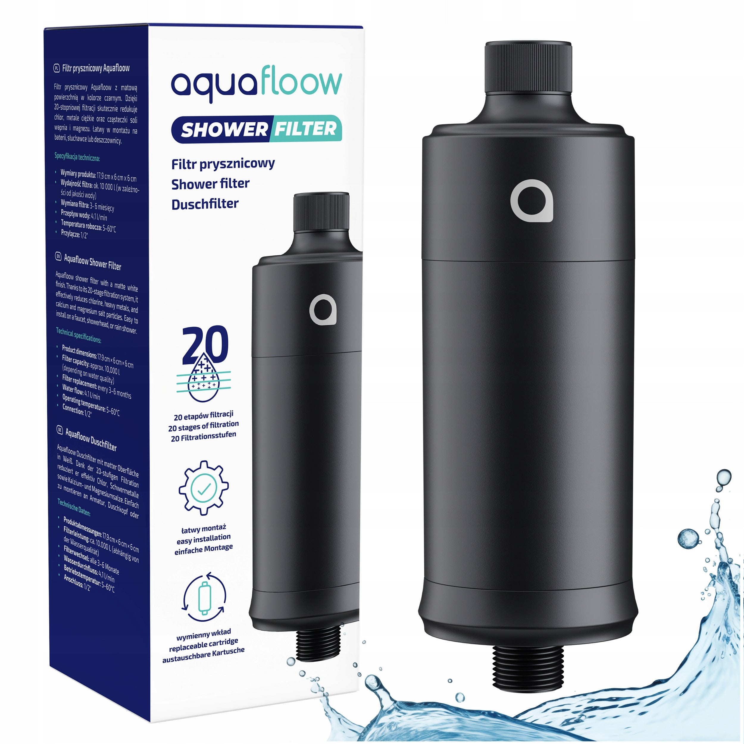 Shower water filter AquaFloow black for shower softens water 1 pc