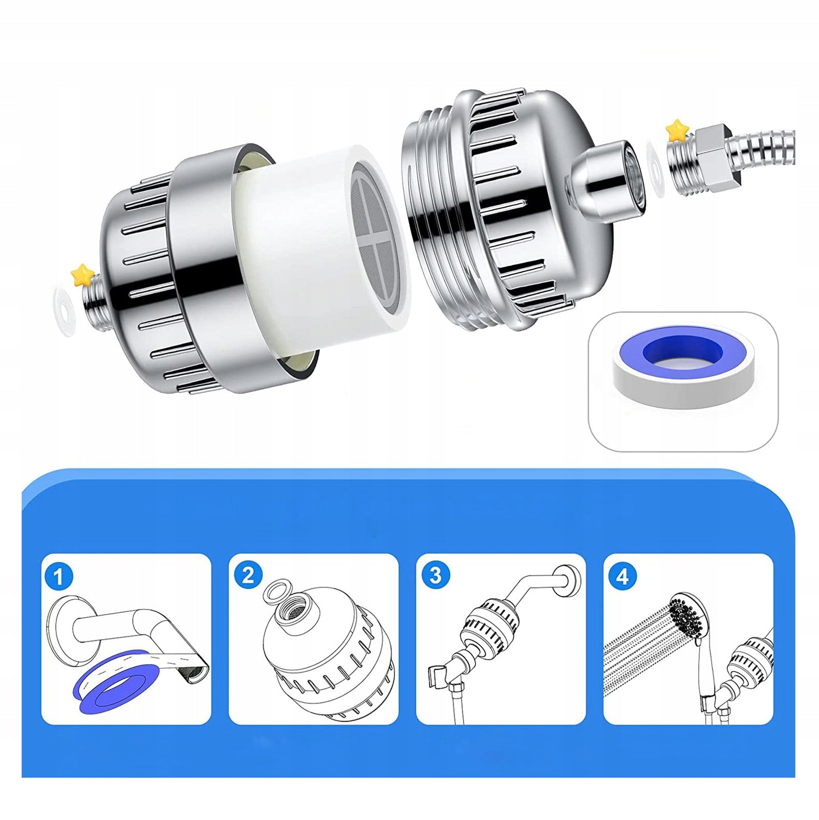 Shower water filter softens water for allergy sufferers Dominant color silver/gray