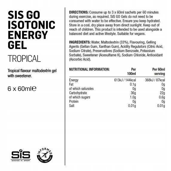 SiS Go isotonic Tropical Fruit Energy Gel - Set of 6x60ml Expiration date at least six months from the date of purchase