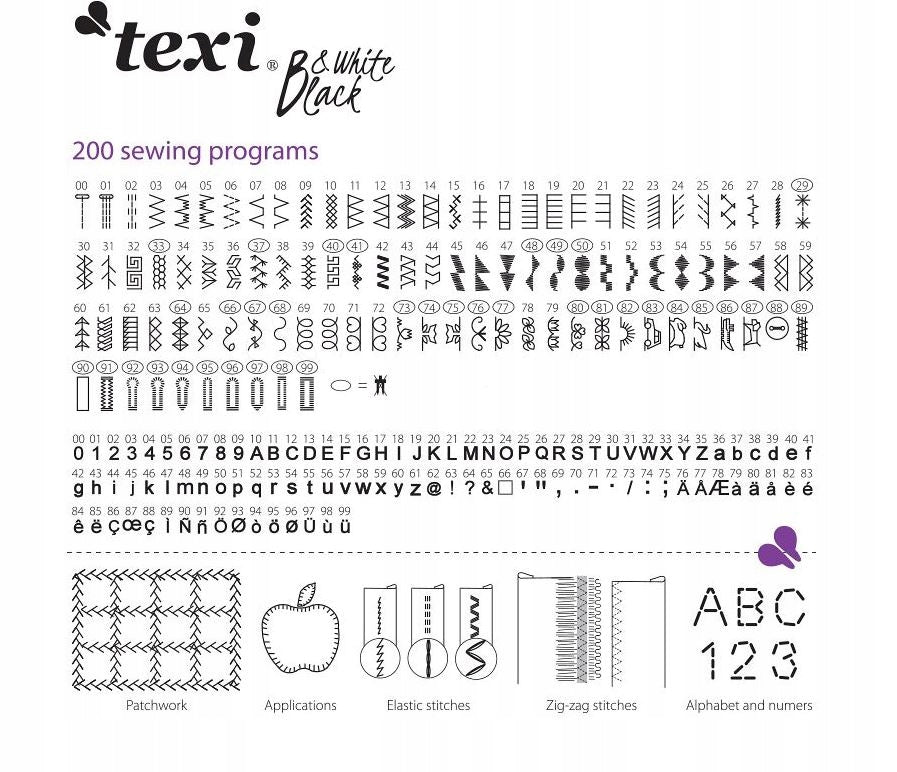Šicí stroj TEXI BLACK&WHITE, domácí, počítačový, 200 stehů + abeceda Model Black&White