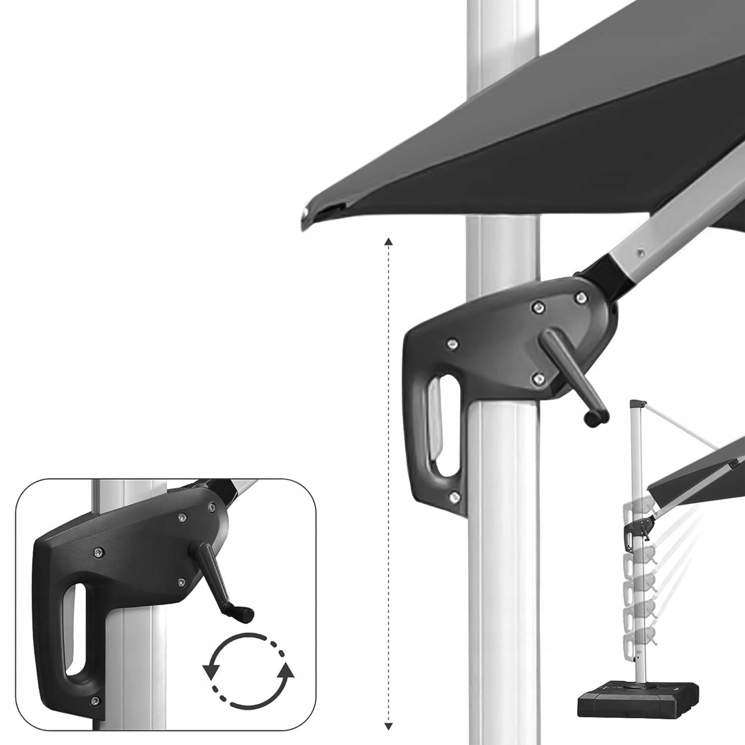 Side garden umbrella 3 m with swivel base 360° grey boom terrace Manufacturer Metrex