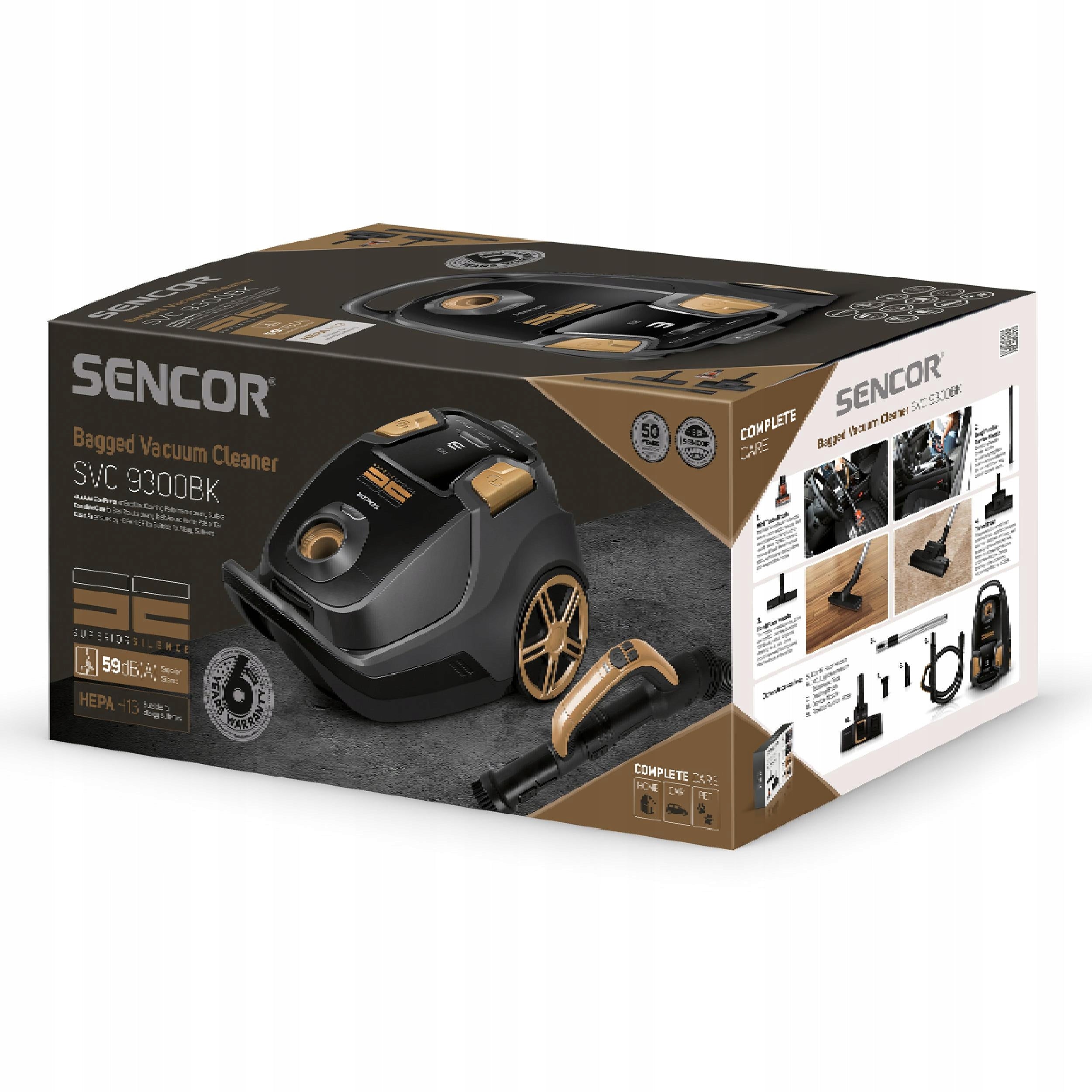 Silent bagged vacuum cleaner 600W HEPA H13 for allergy sufferers 59 dB Sencor SVC 9300BK Packaging status original