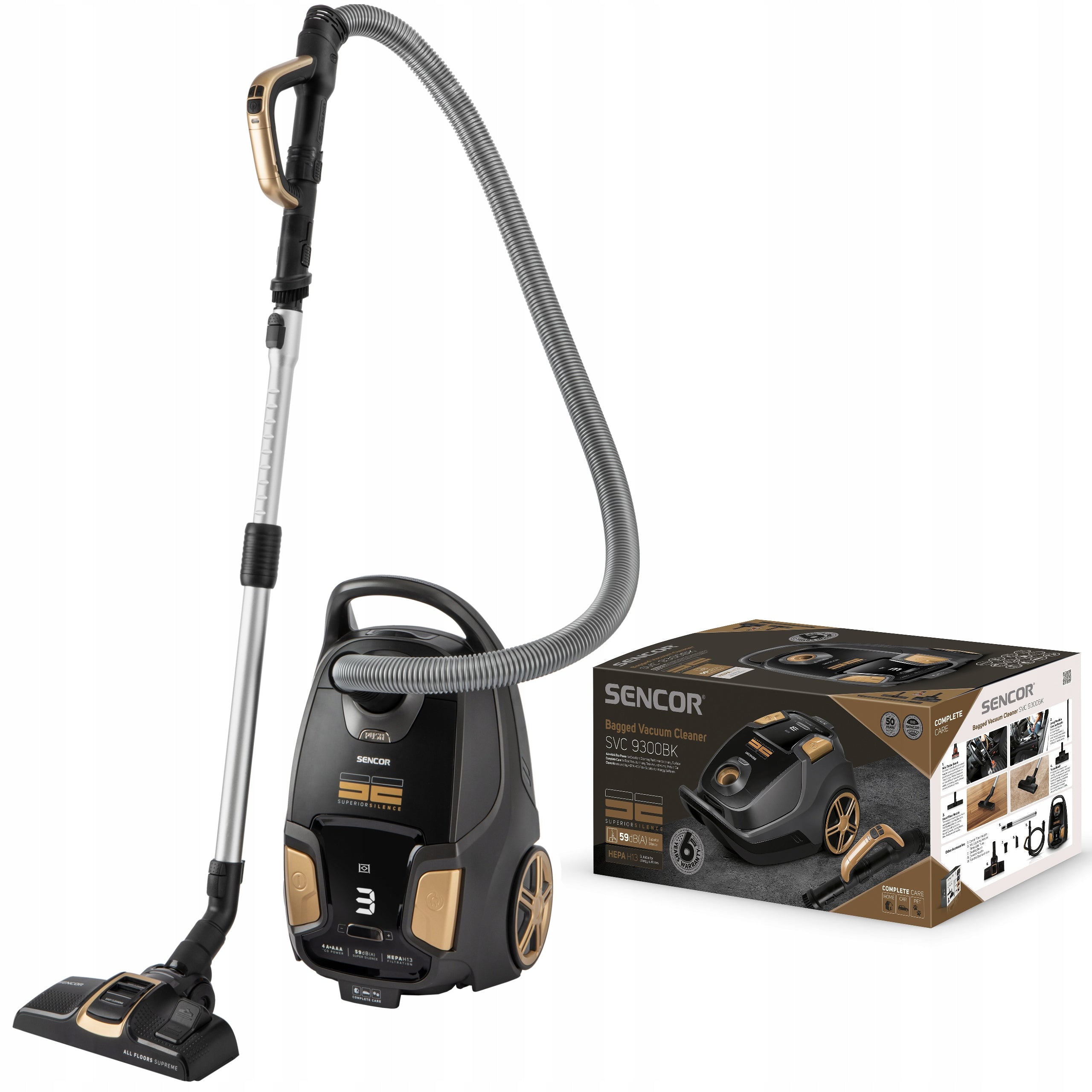 Silent bagged vacuum cleaner 600W HEPA H13 for allergy sufferers 59 dB Sencor SVC 9300BK