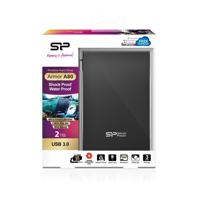 Silicon Power Armor A80 external hard drive 2 TB 2.5" USB Type-A 3.... Model sp020tbphda80s3k